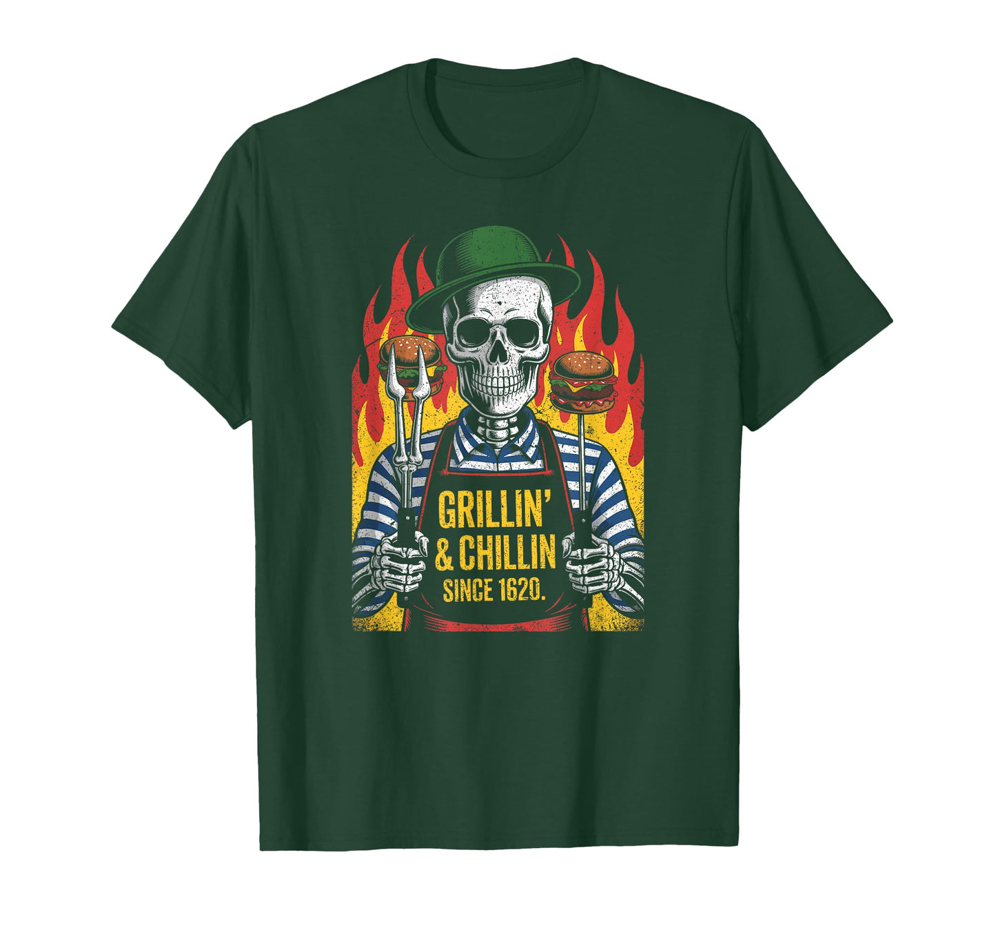 Skeleton BBQ Master Grilling Burgers with Flames T-Shirt