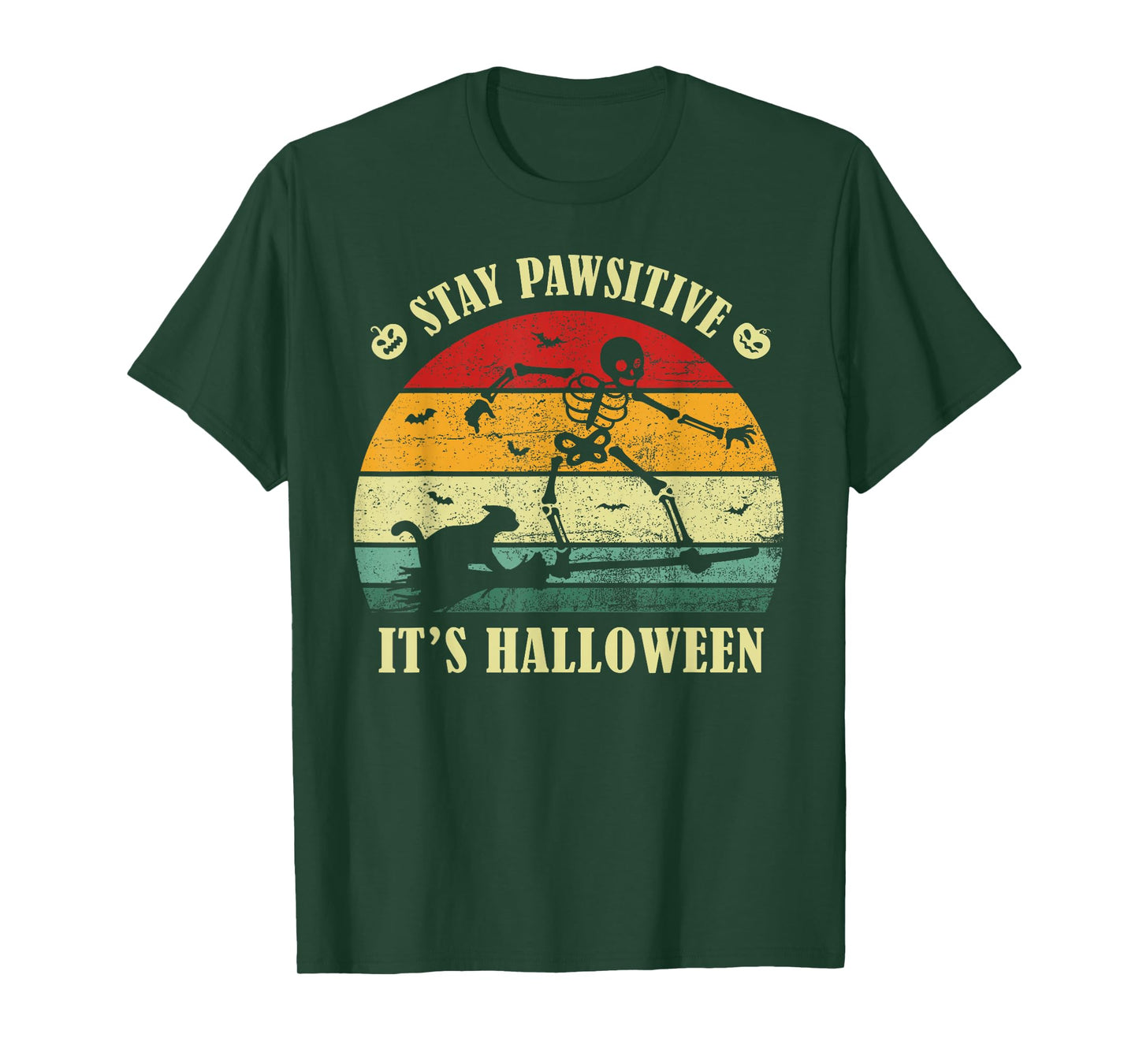 Stay Pawsitive it’s Halloween Pet Vintage Black Cat Skeleton T-Shirt