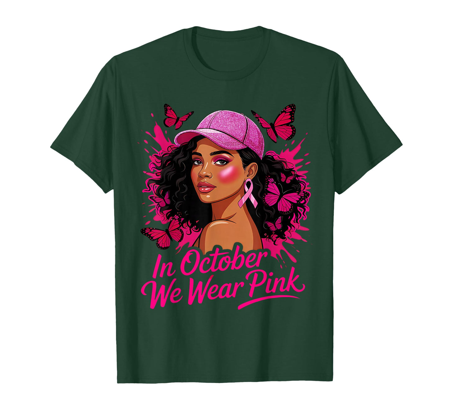 in October We Wear Pink Breast Cancer Awareness Afro Woman T-Shirt