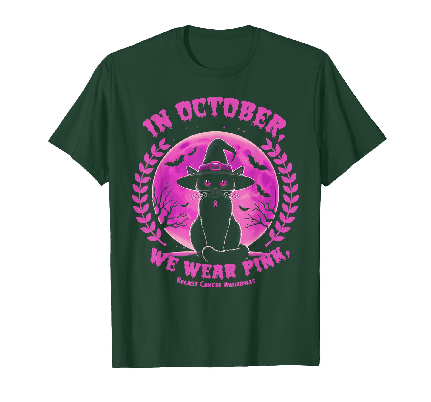 In October We Wear Pink Witch Cat Halloween Breast Cancer T-Shirt