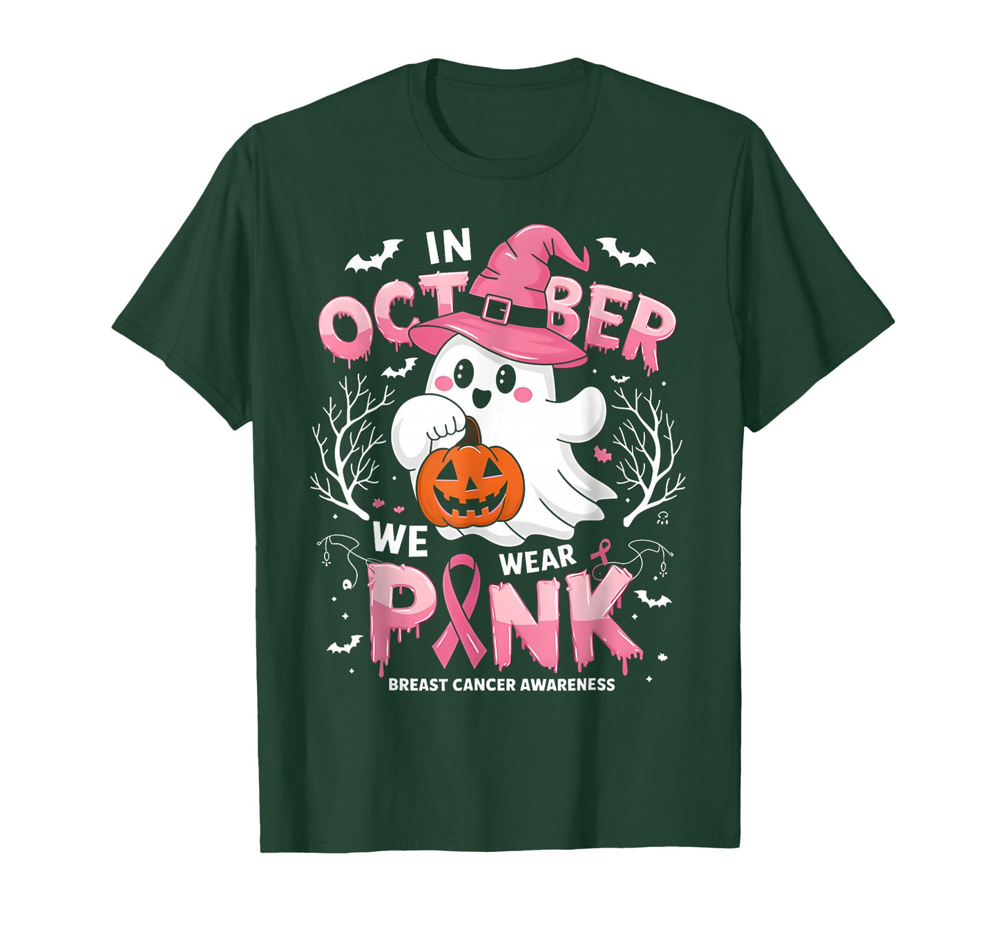 in October We Wear Pink Funny Halloween Ghost Breast Cancer T-Shirt
