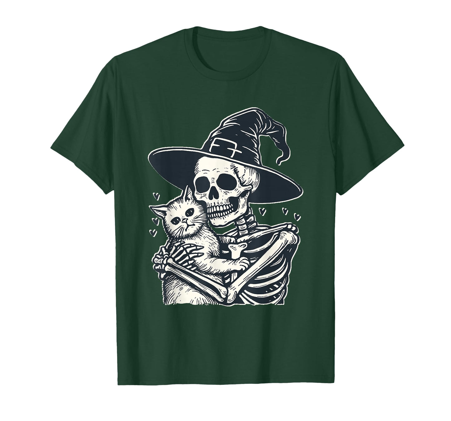 Skeleton Witch Hugging Cat Halloween Spooky Cat Lover Fans T-Shirt