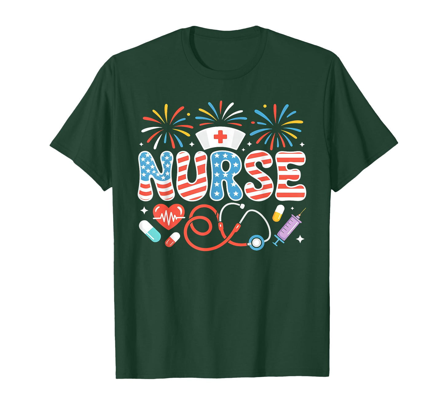 Patriotic Nurse 4th of July American Flag Medical Fireworks T-Shirt