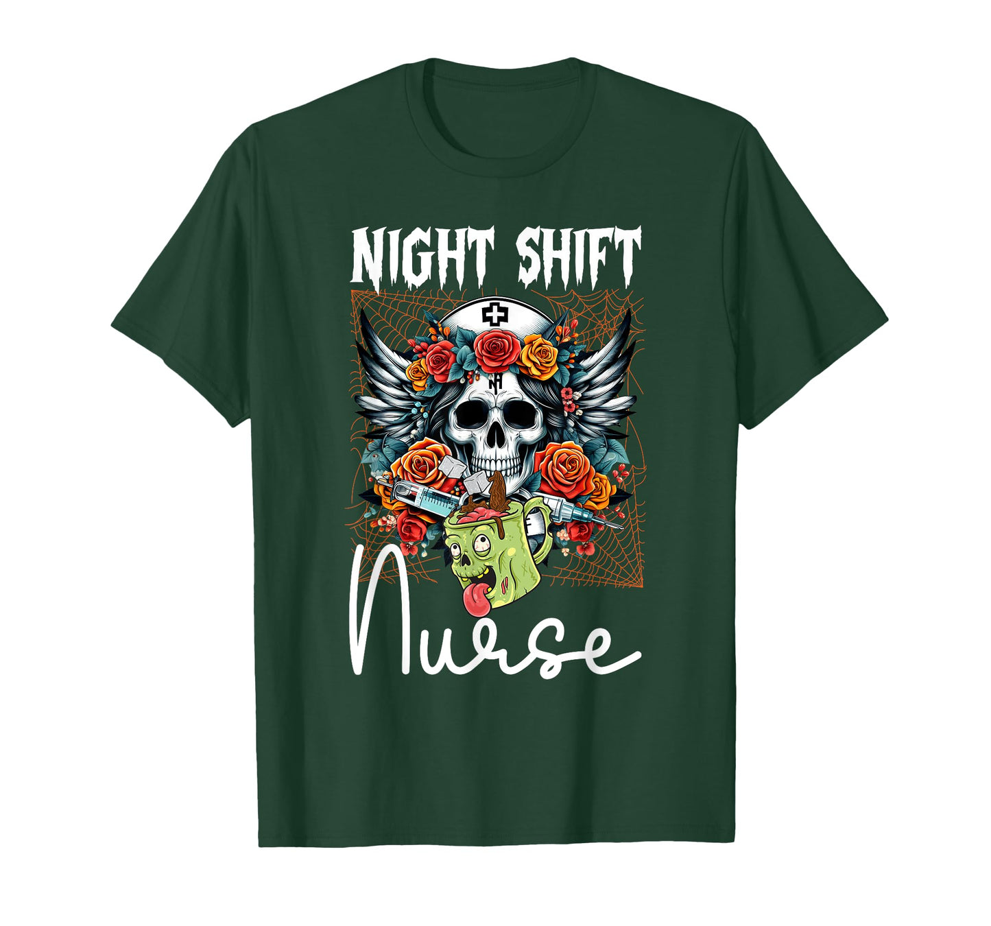 Floral Night Shift Nurse Skeleton Halloween RN Nurses Skull T-Shirt
