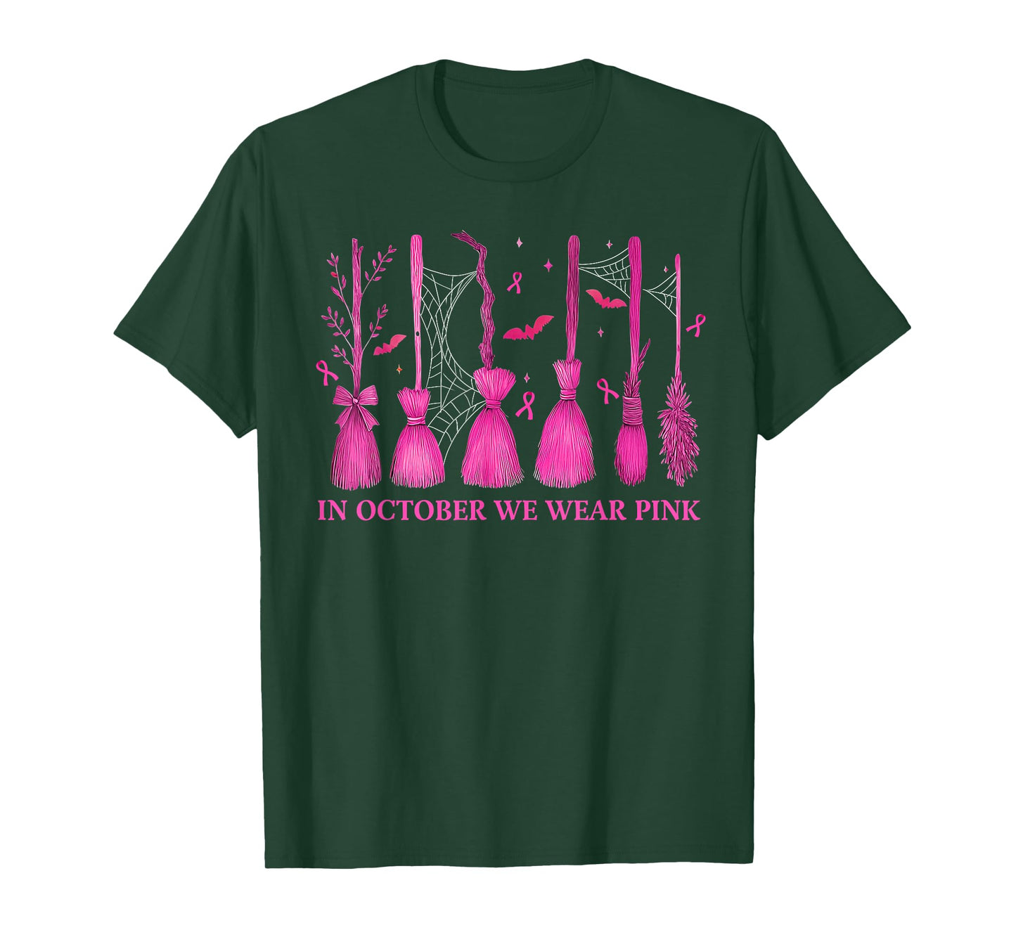 in October We Wear Pink Witch Broom Breast Cancer Halloween T-Shirt
