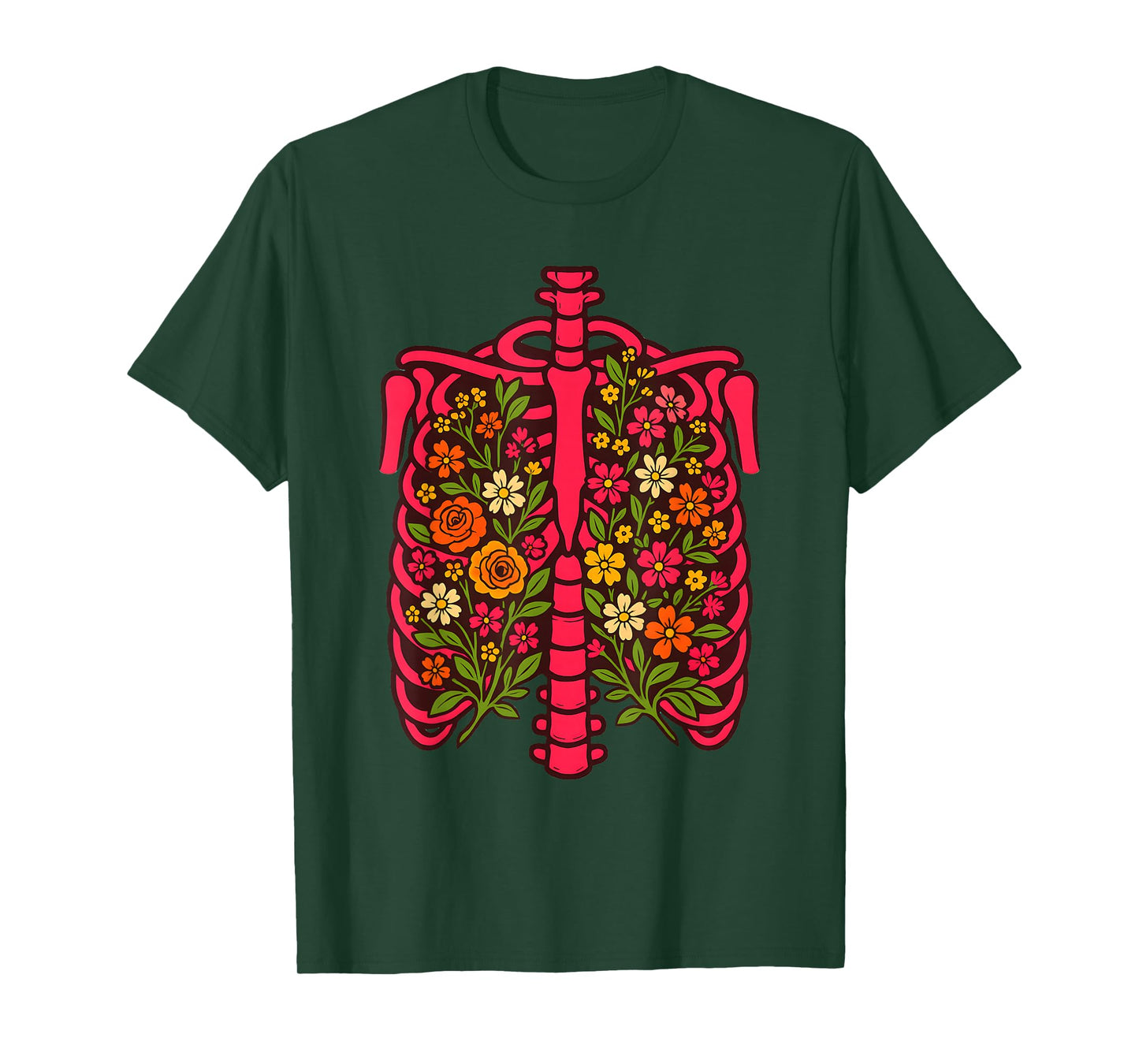 Floral Ribcage Anatomy Skeleton Flower Art Design, Halloween T-Shirt