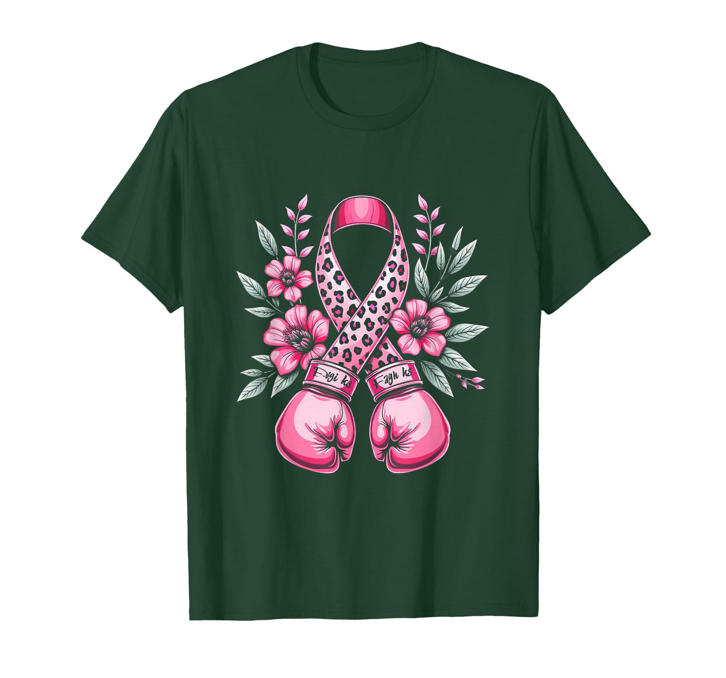 Pink Ribbon Leopard Print Boxing Gloves Breast Cancer Design T-Shirt