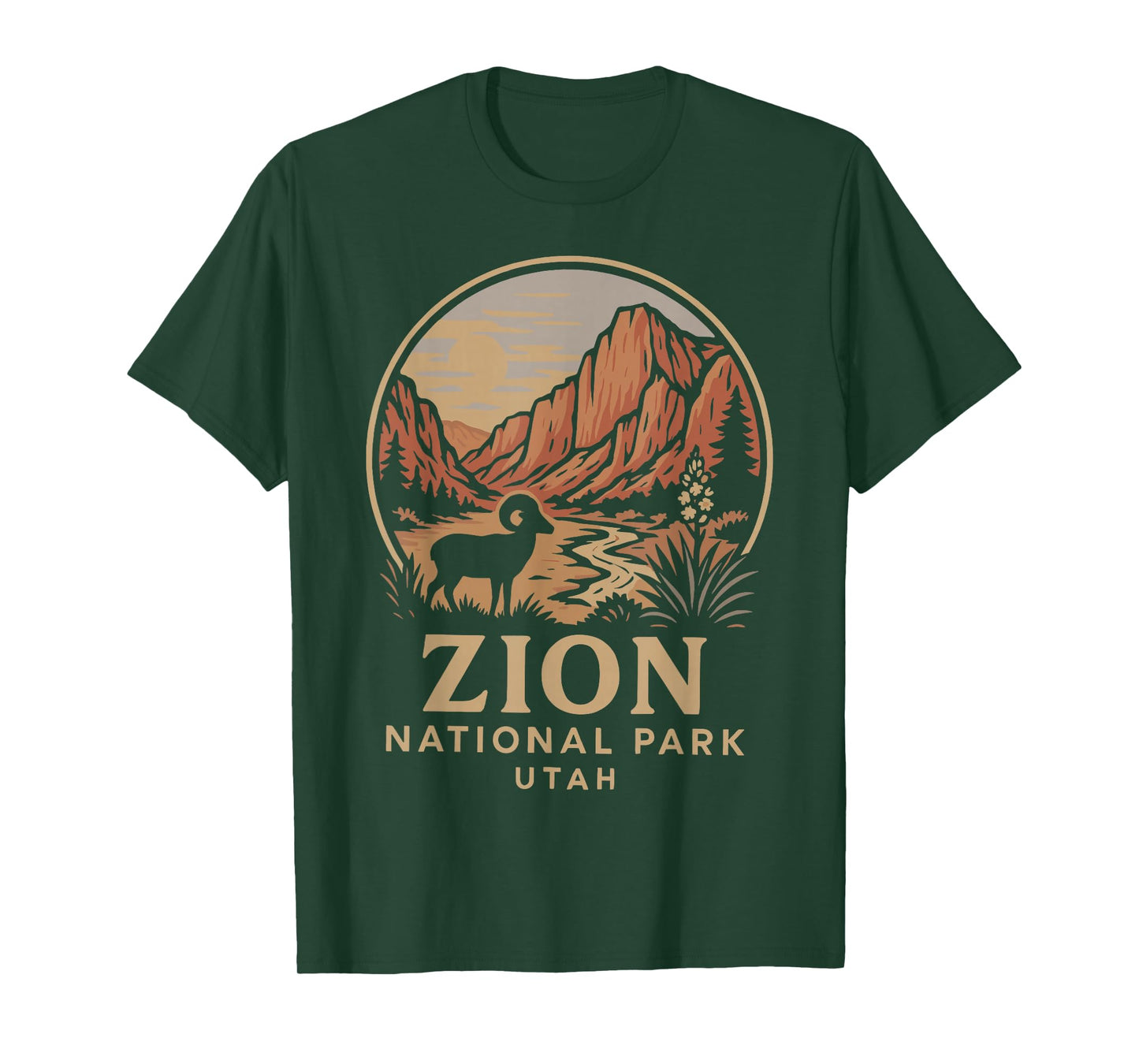 Vintage Zion National Park Bighorn Sheep and Canyon Sunset T-Shirt