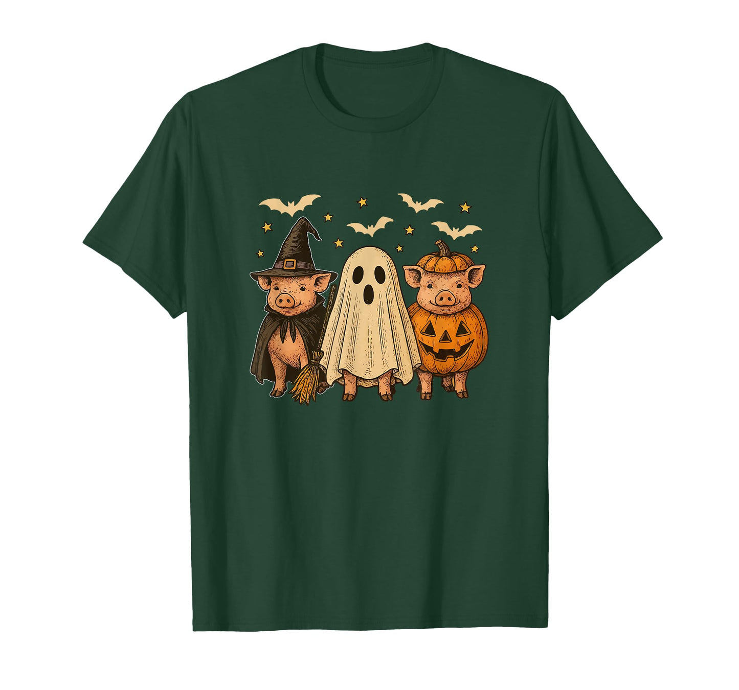 Three Halloween Pigs Cosplay Witch Boo Carved Pumpkin T-Shirt