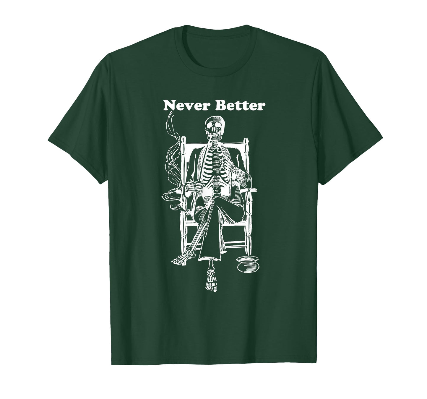 Never Better Vintage Pipe Smoking Halloween Skeleton T-Shirt