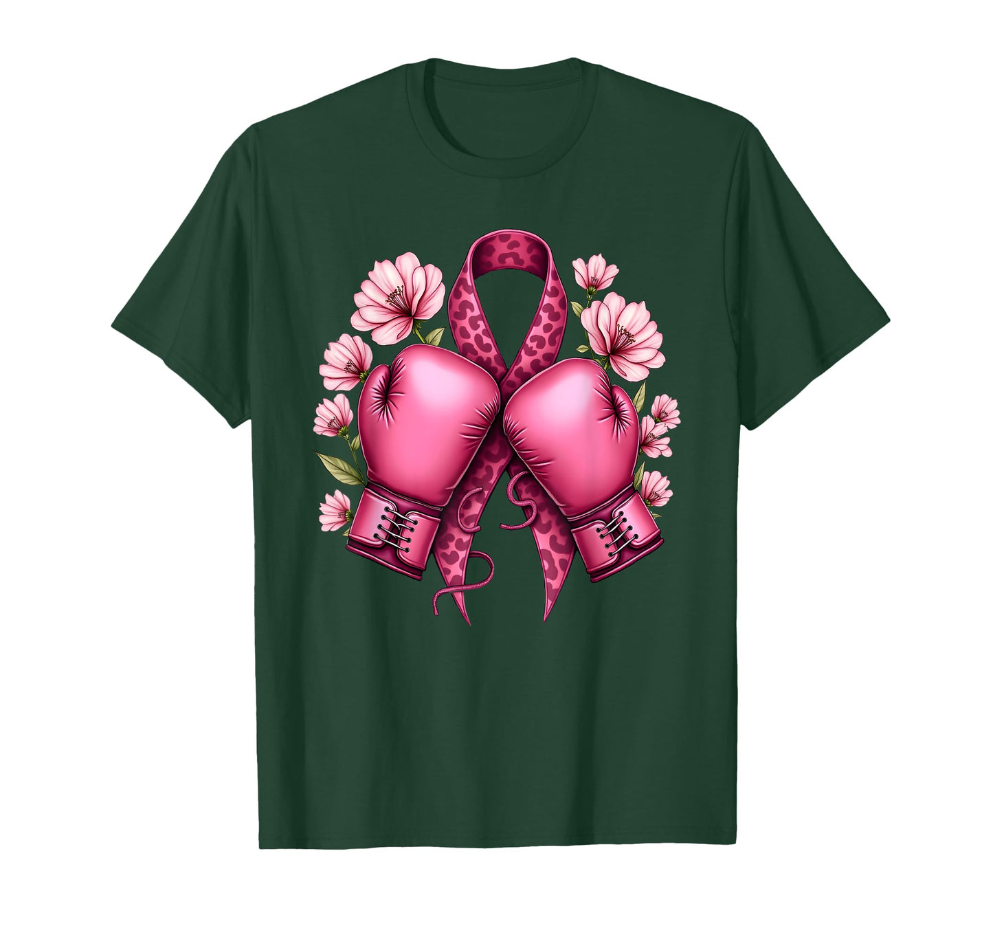 Leo Print Pink Ribbon Boxing Gloves Breast Cancer Awareness T-Shirt