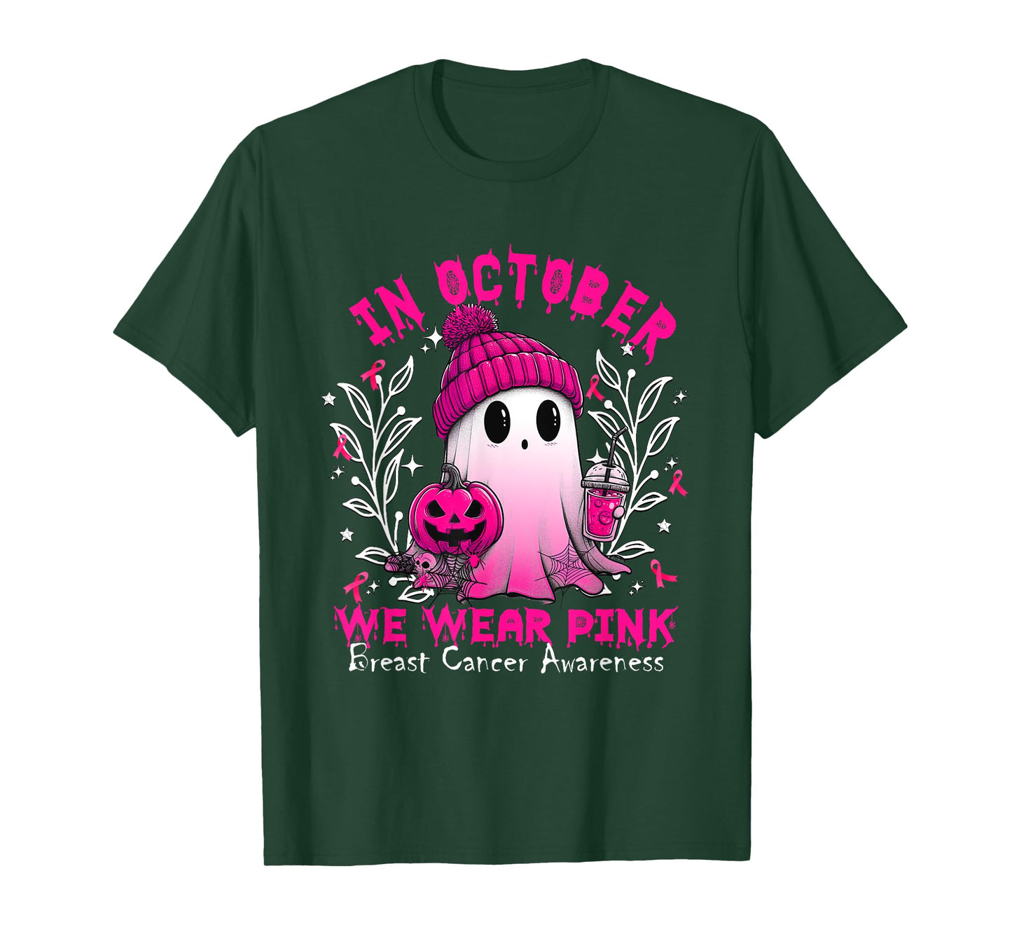 In October We Wear Pink Ghost Witch Breast Cancer Awareness T-Shirt