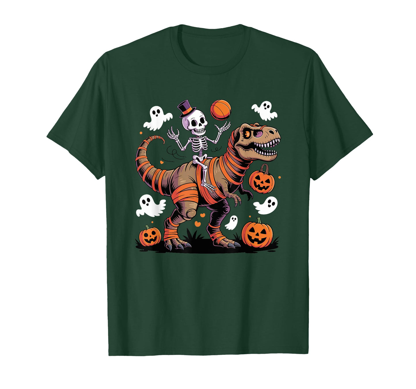 Basketball Skeleton Riding Mummy Dinosaur T-Rex Halloween T-Shirt