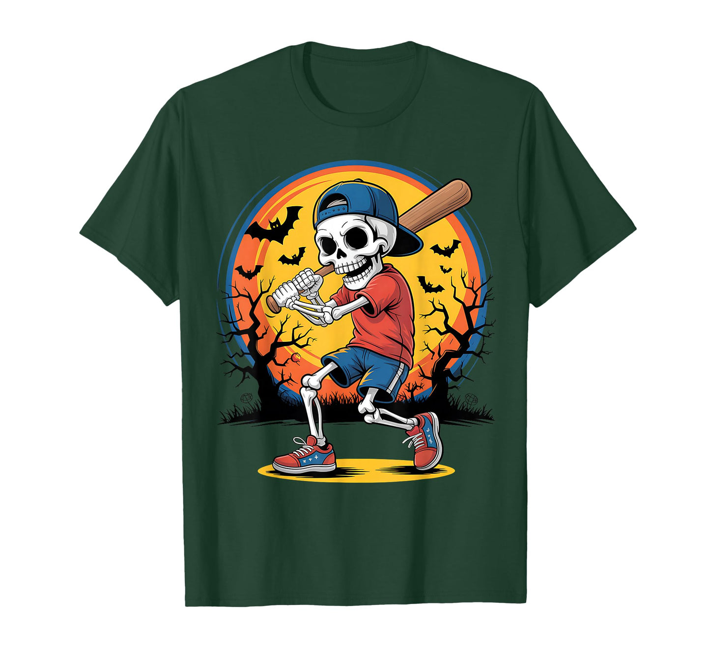 Skeleton Baseball Kid Halloween Pumpkin Sport Costume T-Shirt