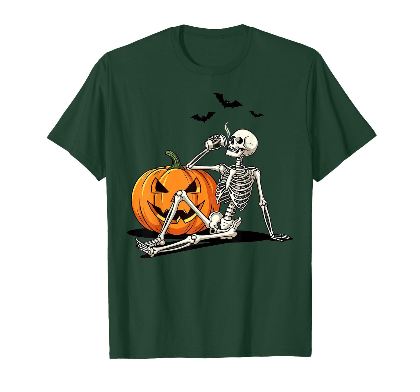 Skeleton Pumpkin Halloween Bat Drinking Spooky Vibe T-Shirt