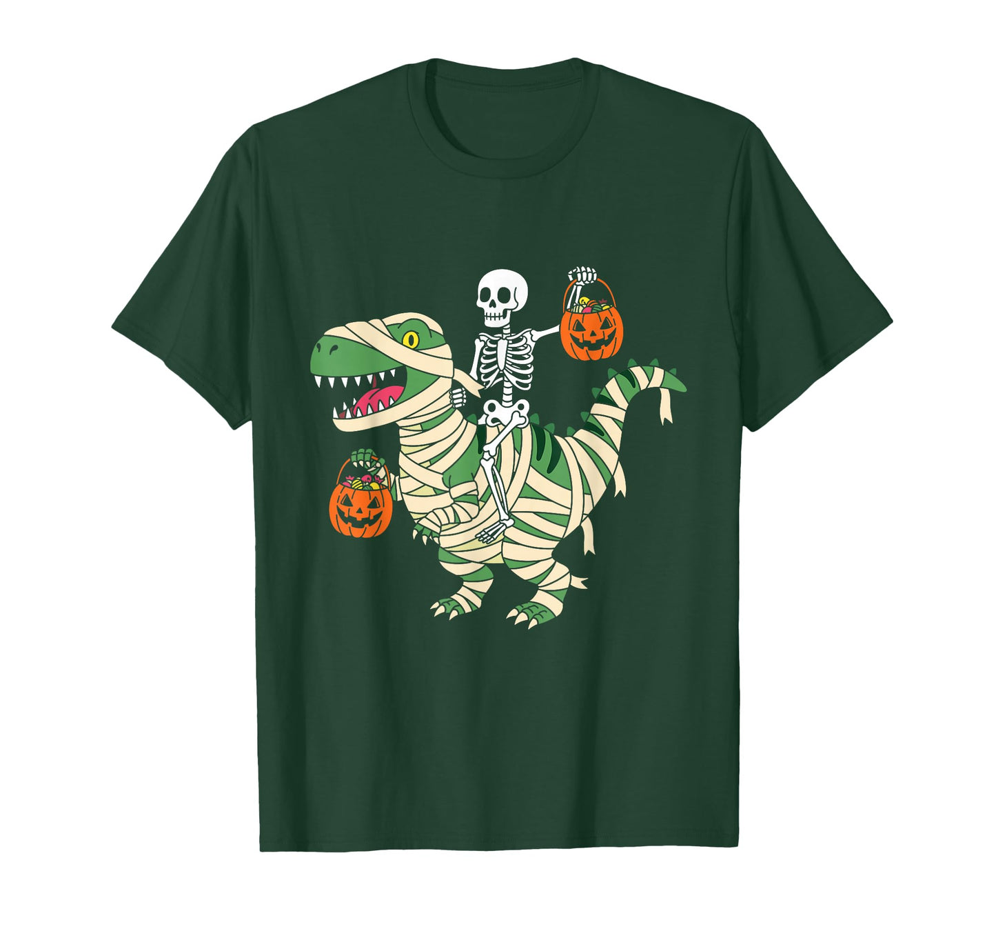 Skeleton Riding Mummy Dinosaur T-Rex Funny Halloween Pumpkin T-Shirt