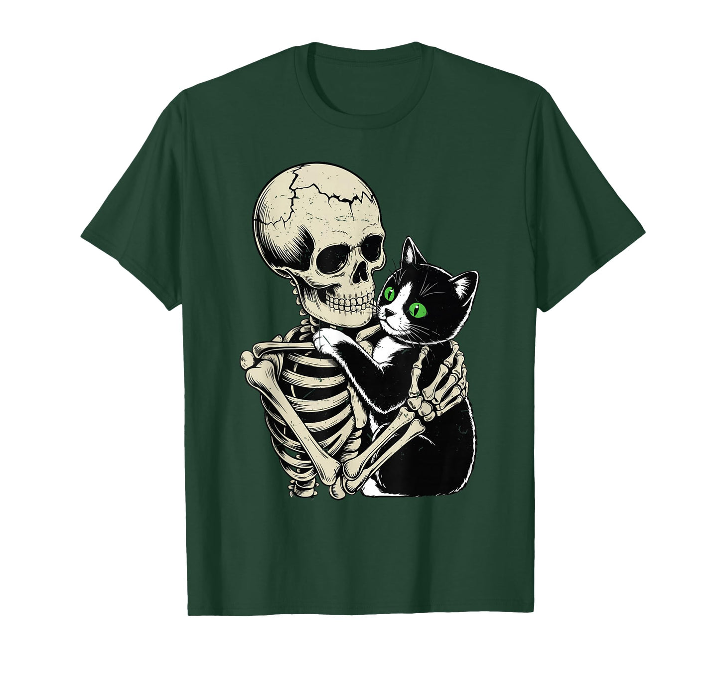 Skeleton Hugging Tuxedo Cat Funny Halloween Cat Dad Mom Gift T-Shirt