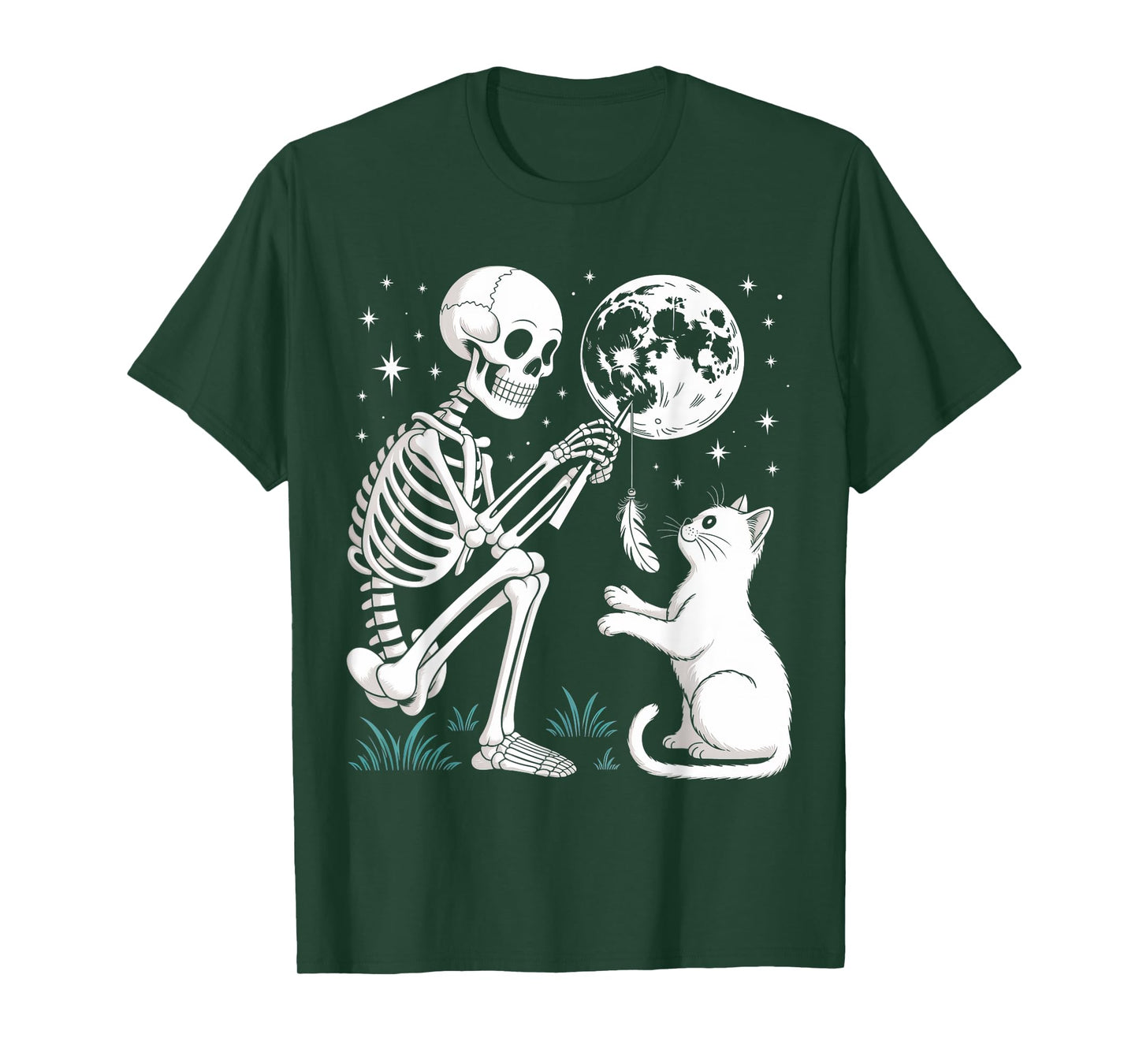 Skeleton Cat Moon Night Halloween Funny Cute Men Women Girls T-Shirt