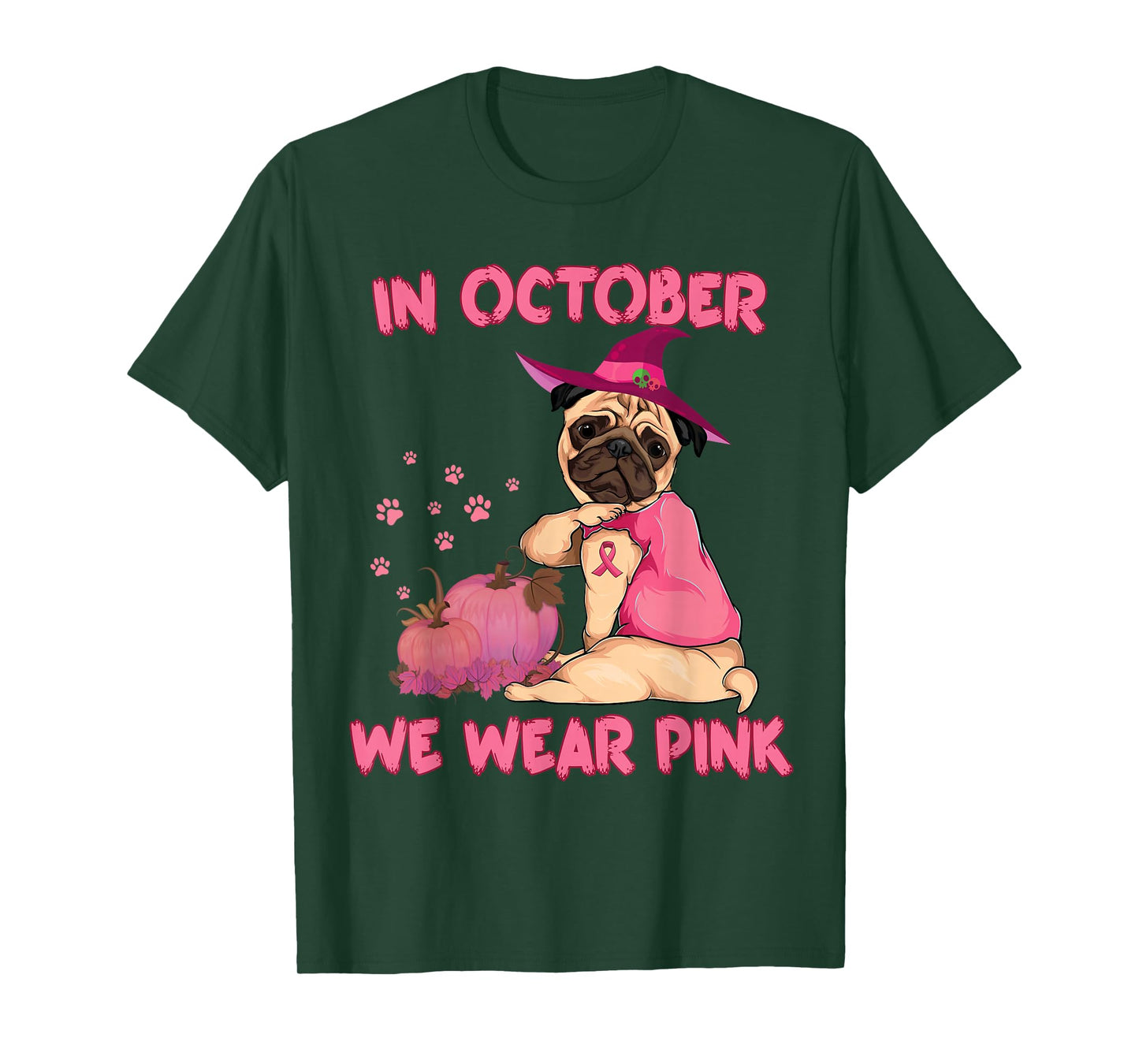 In October We Wear Pink Pug Dog Breast Cancer Halloween T-Shirt