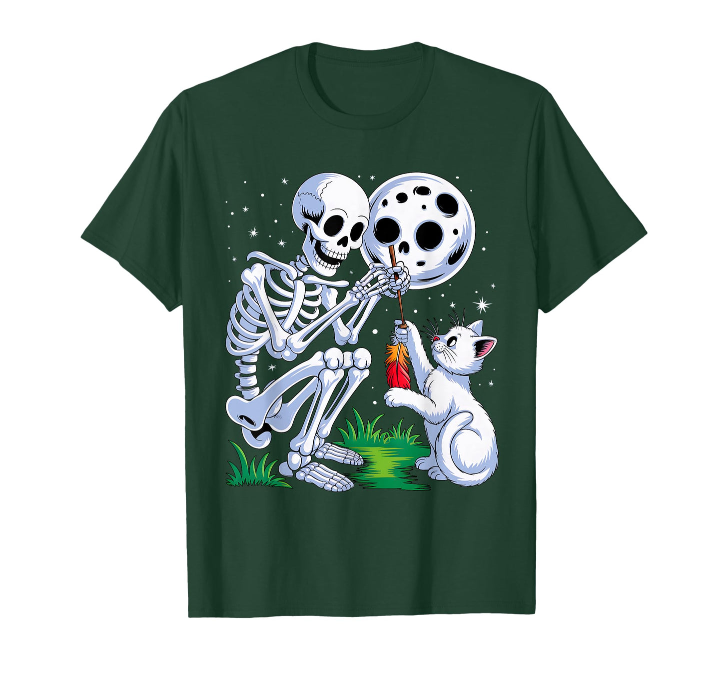 Skeleton Cat Moon Night Halloween Funny Cute Men Women Girls T-Shirt