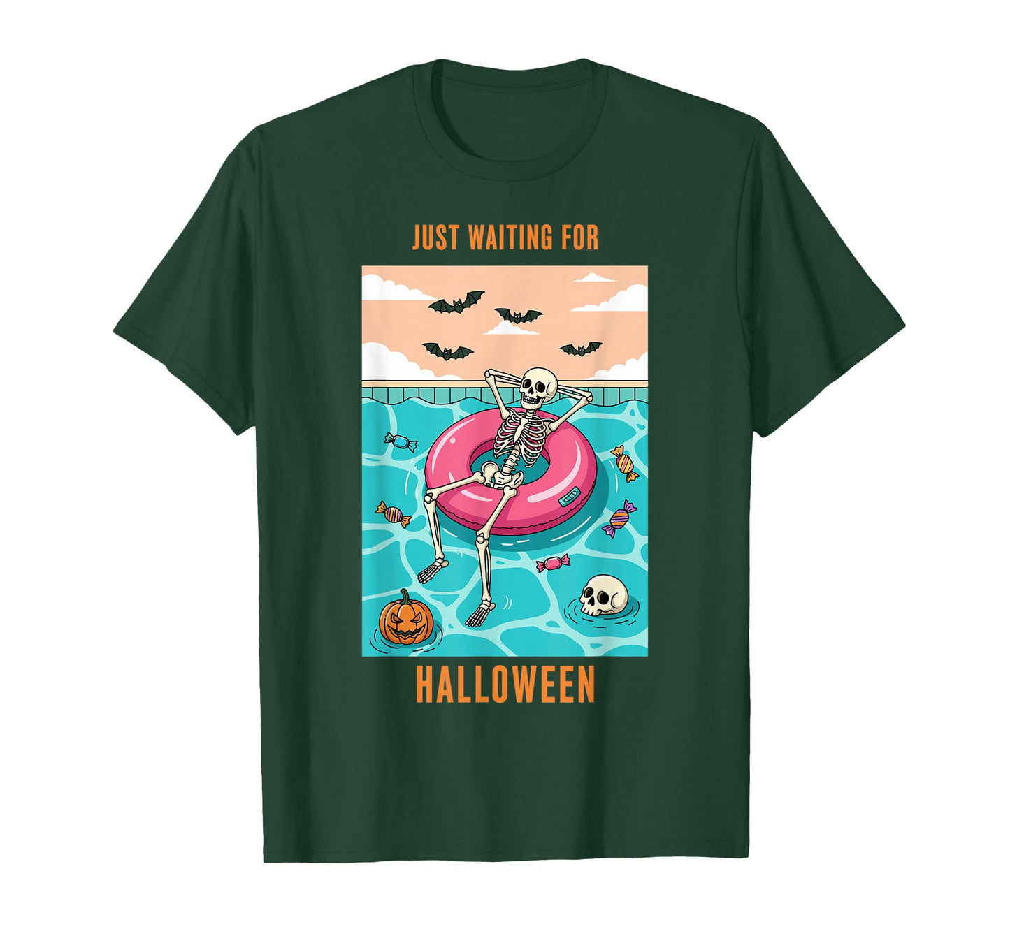 Just Waiting for Halloween Skeleton Float Spooky Fun T-Shirt