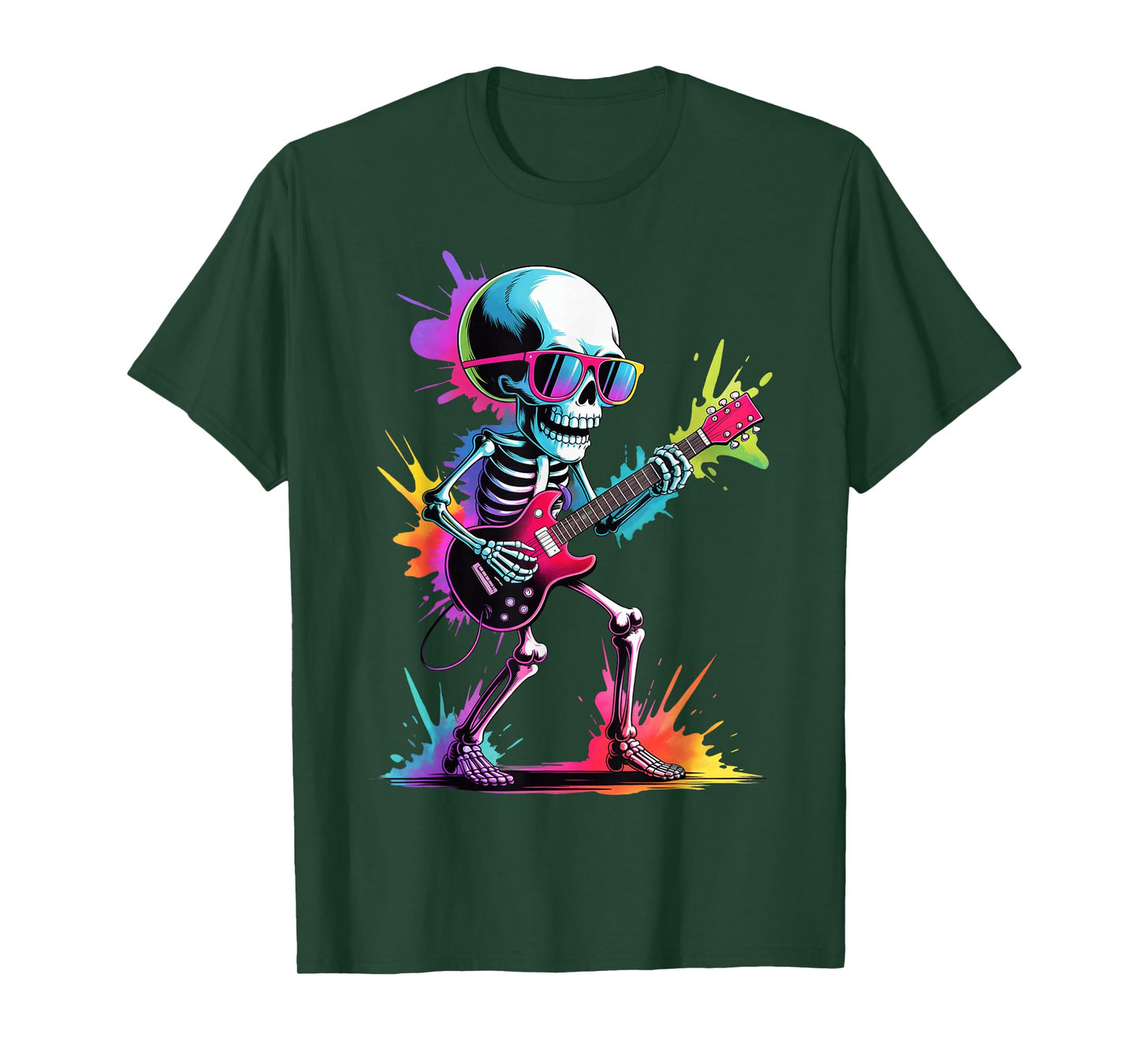 Skeleton Playing Guitar Poster Style Colorful Paint Splatter T-Shirt