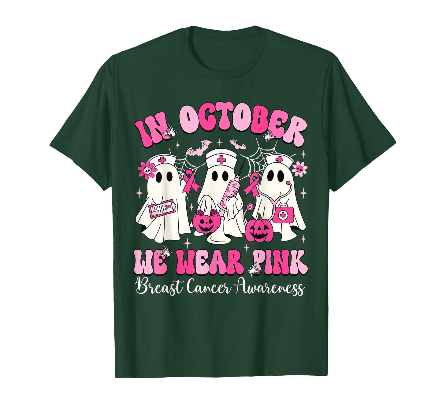 In October We Wear Pink Nurse Ghost Halloween Breast Cancer T-Shirt