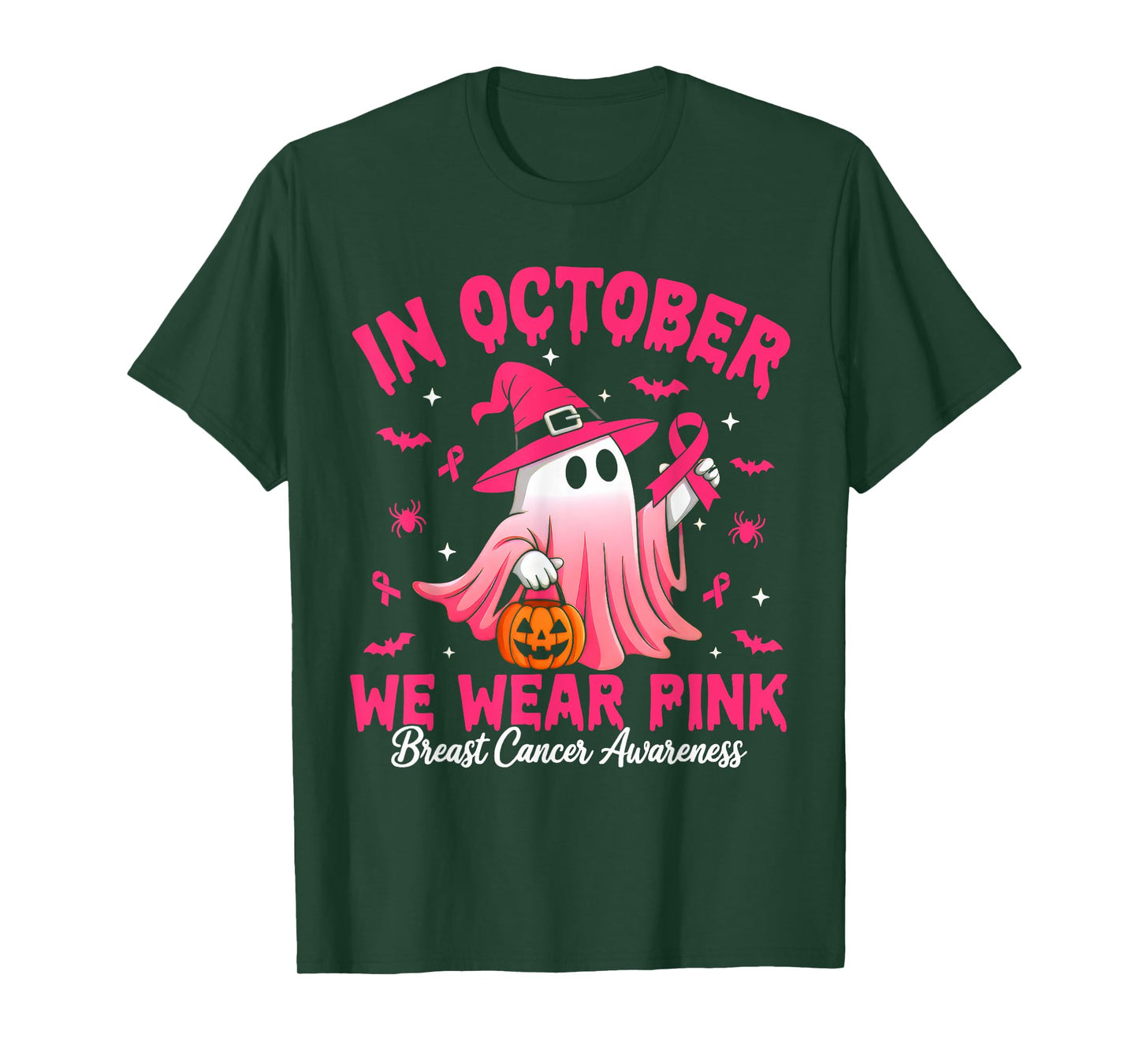 In October We Wear Pink Ribbon Ghost Witch Halloween Costume T-Shirt