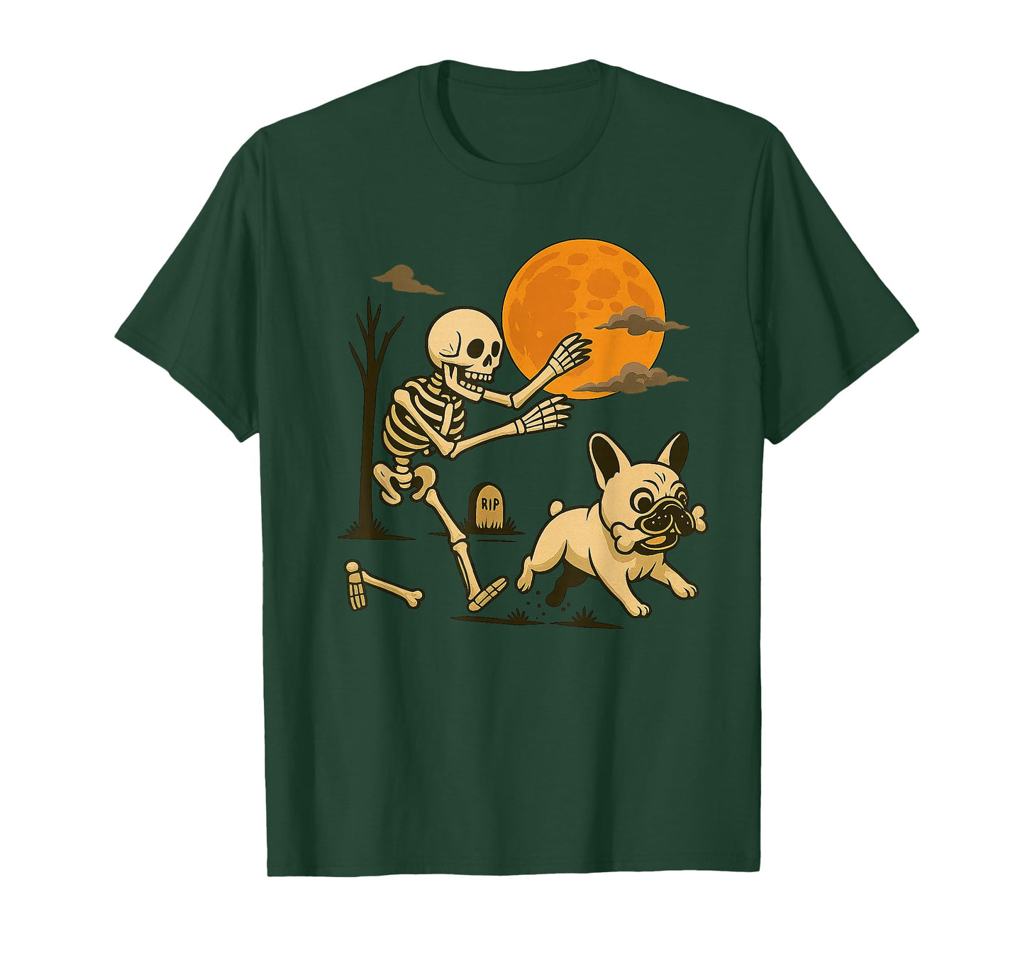 Skeleton Chasing French Bulldog Halloween Dog Mom Pet Lover T-Shirt