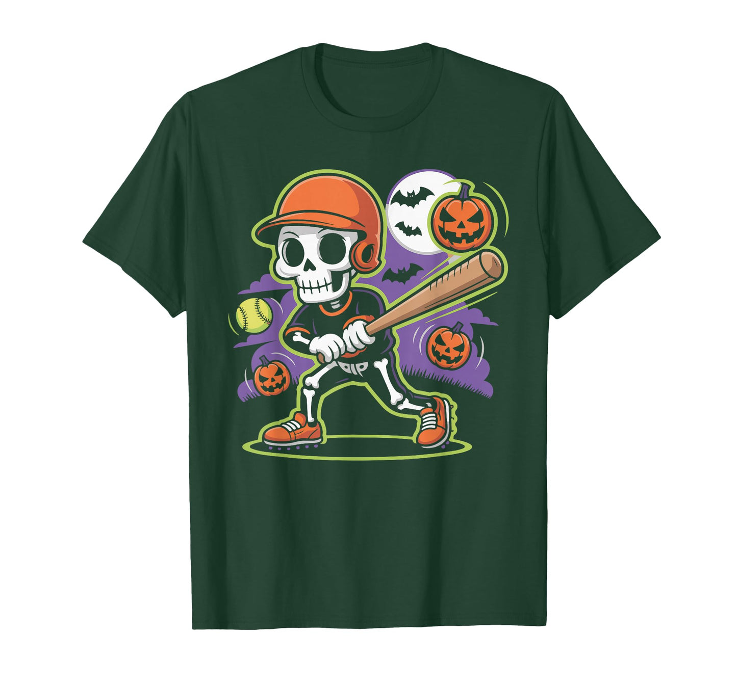 Spooky Season Skeleton Baseball Player Halloween Moon Kids T-Shirt
