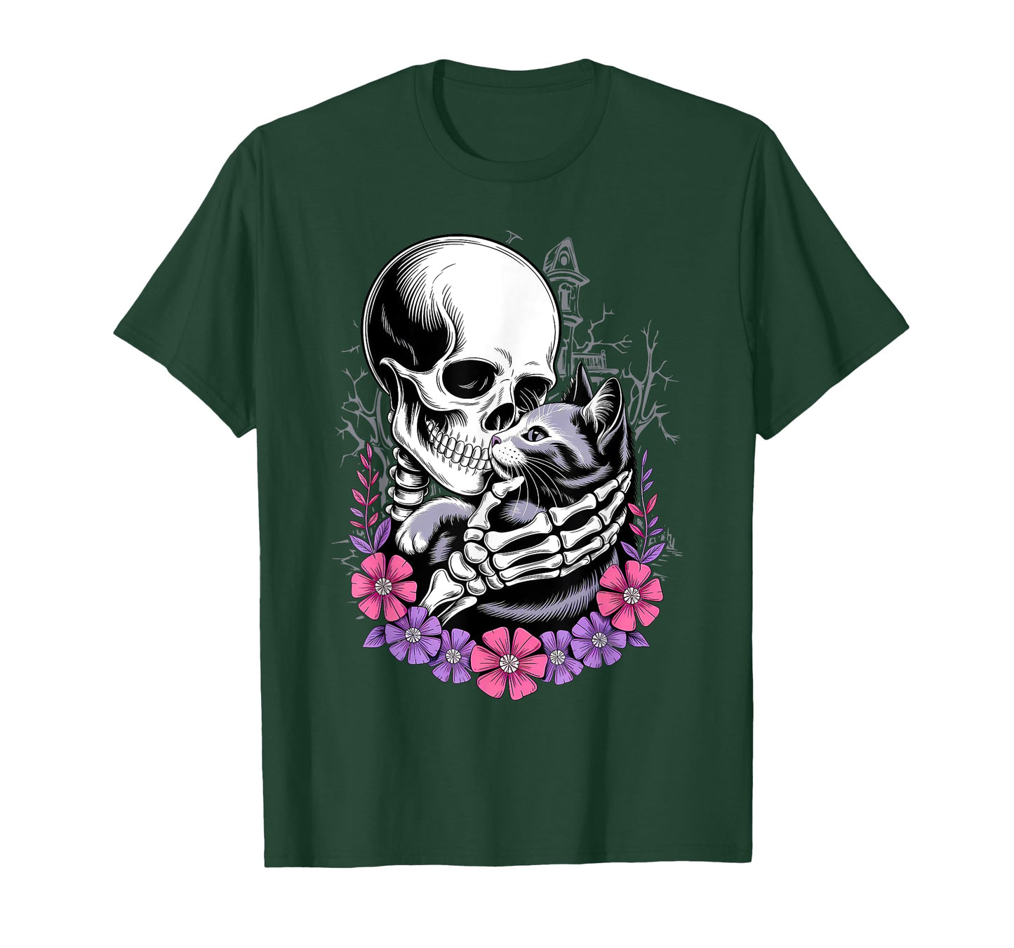 Skeleton Hugging Black Cat Flowers Halloween Women Girls T-Shirt