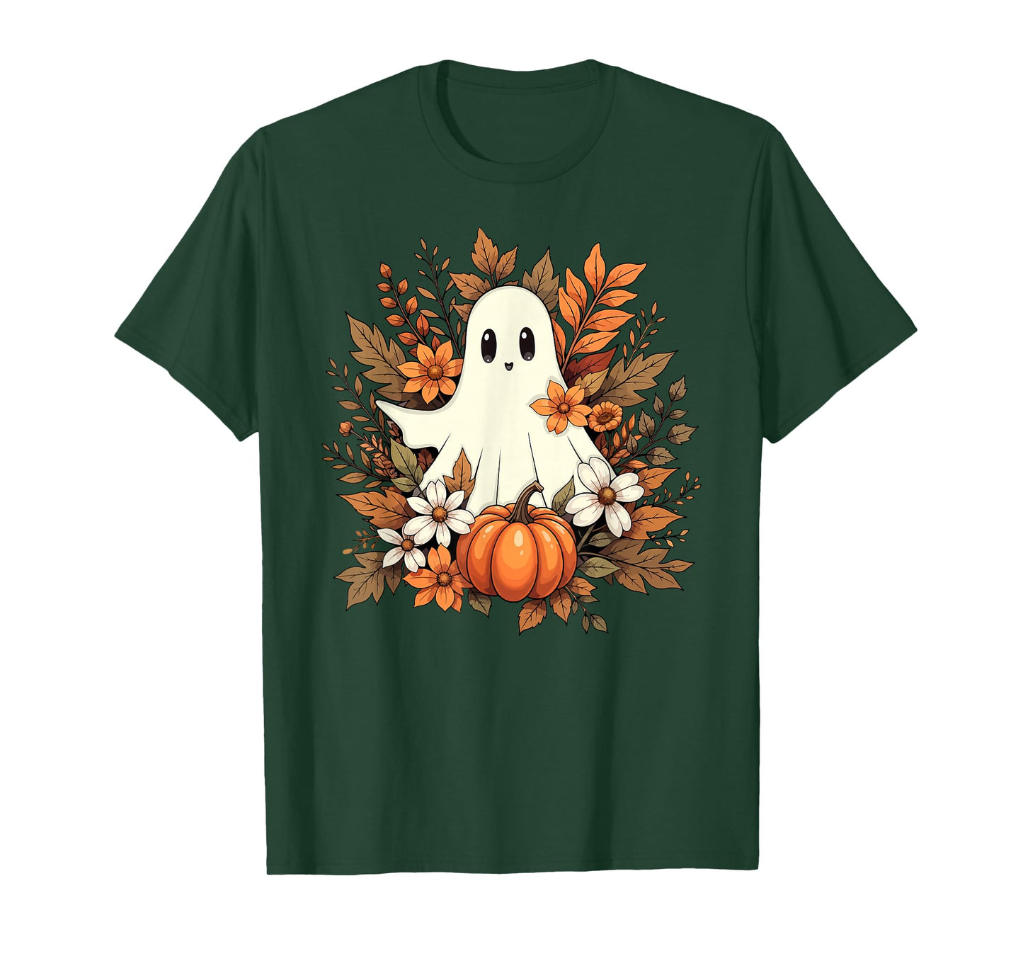 Ghost Halloween Flowers Pumpkin Autumn Fall Girls Women T-Shirt