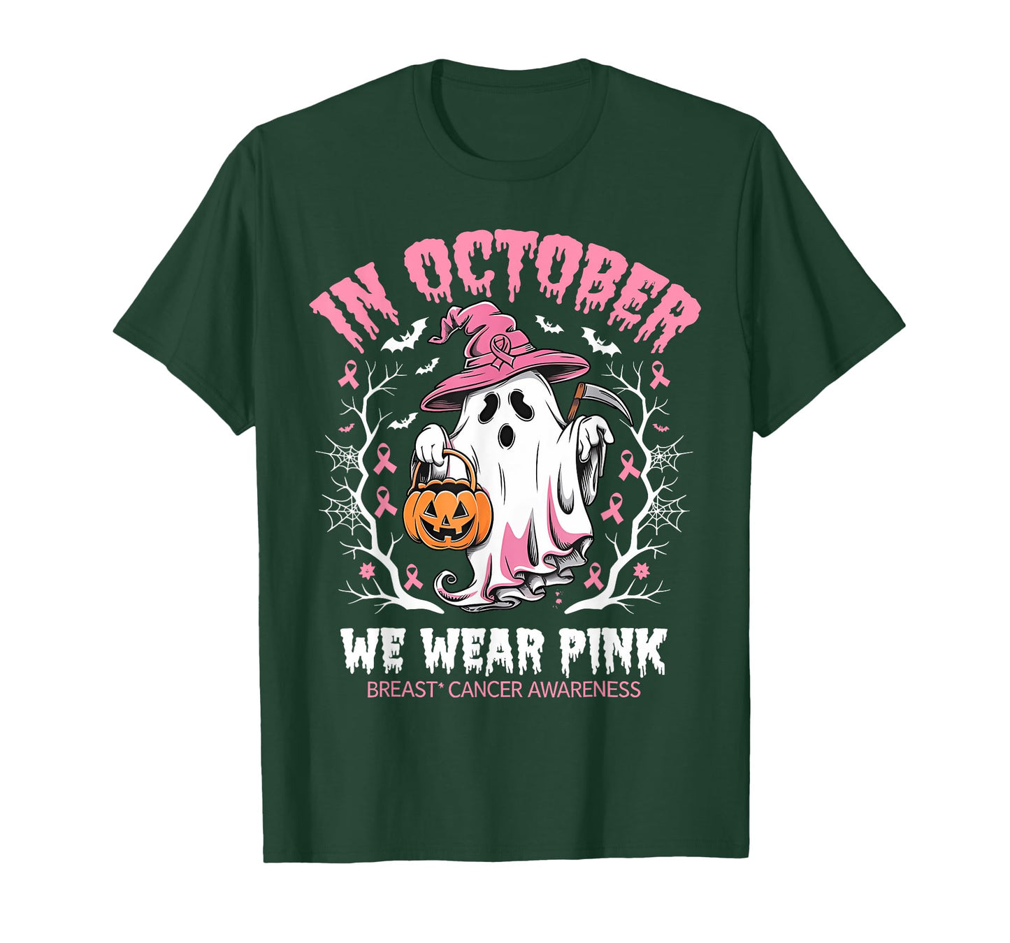 in October We Wear Pink Halloween Breast Cancer Awareness T-Shirt