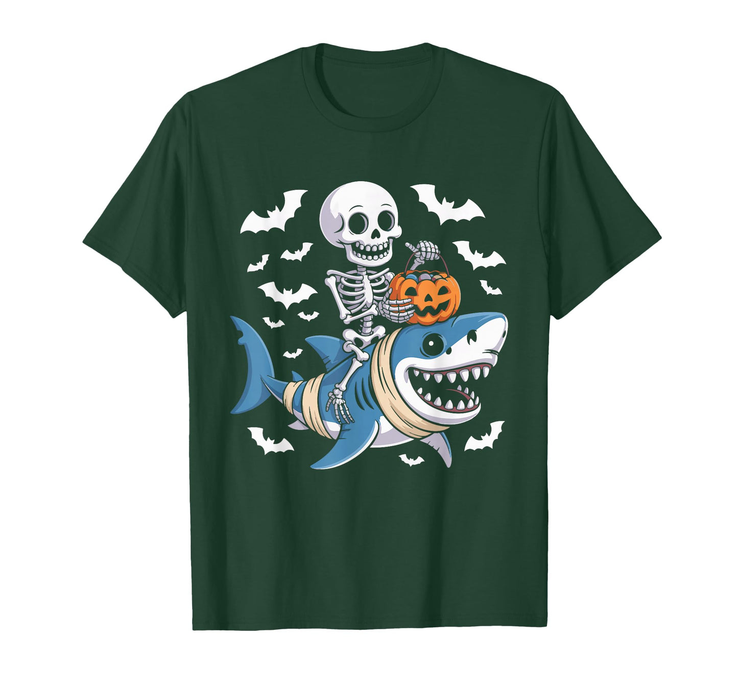 Skeleton Riding Mummy Shark Funny Halloween Pumpkin T-Shirt