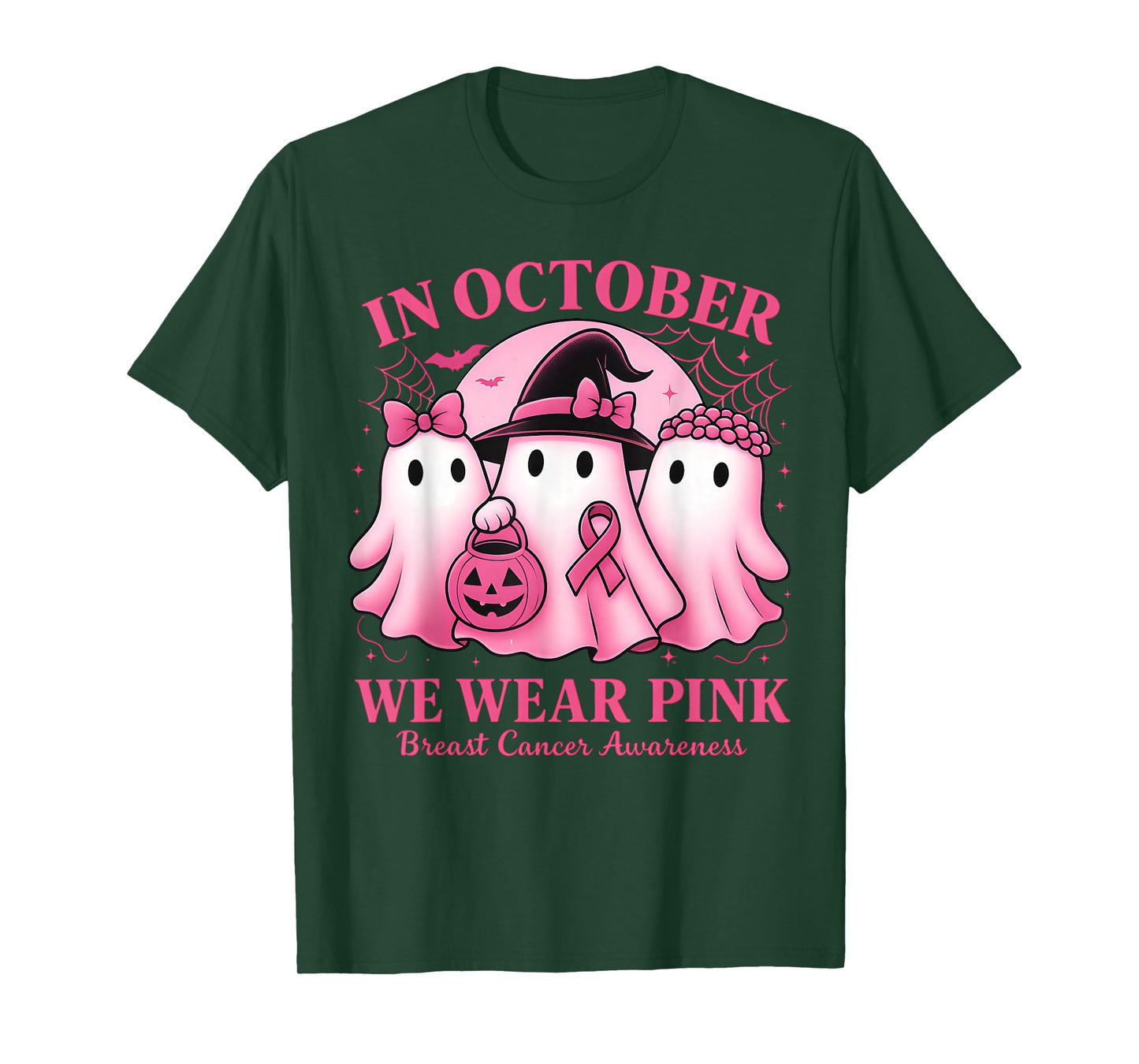 in October We Wear Pink Ghost Halloween Women Breast Cancer T-Shirt