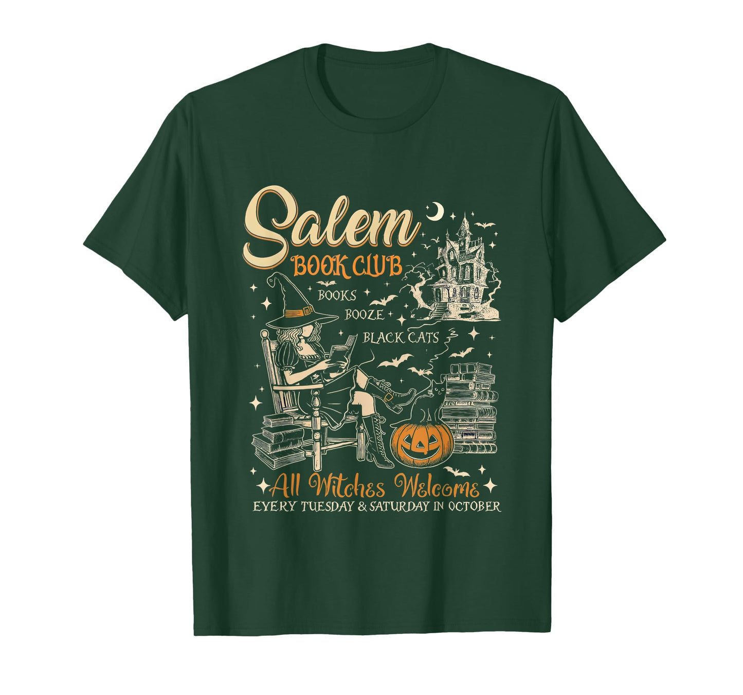 Vintage Salem-Book Booze Bats Book Club All Witches Welcome T-Shirt