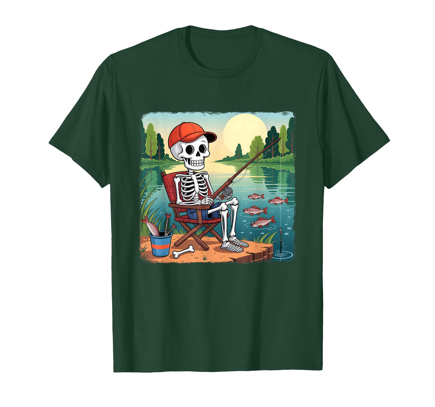Skeleton Fishing by Lake Halloween Fisherman Fish Love T-Shirt