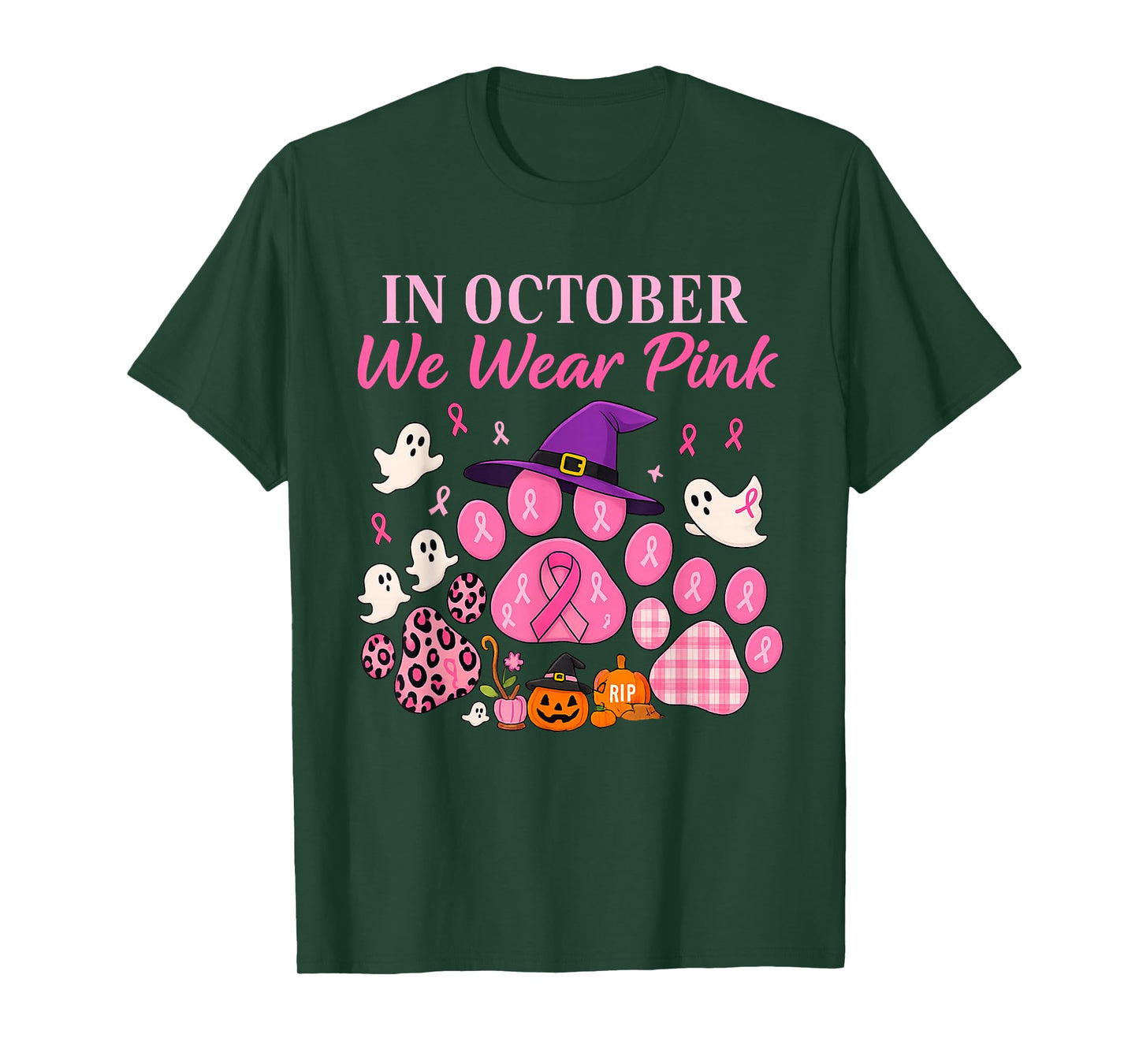 in October We Wear Pink Dog Paw Breast Cancer Awareness T-Shirt