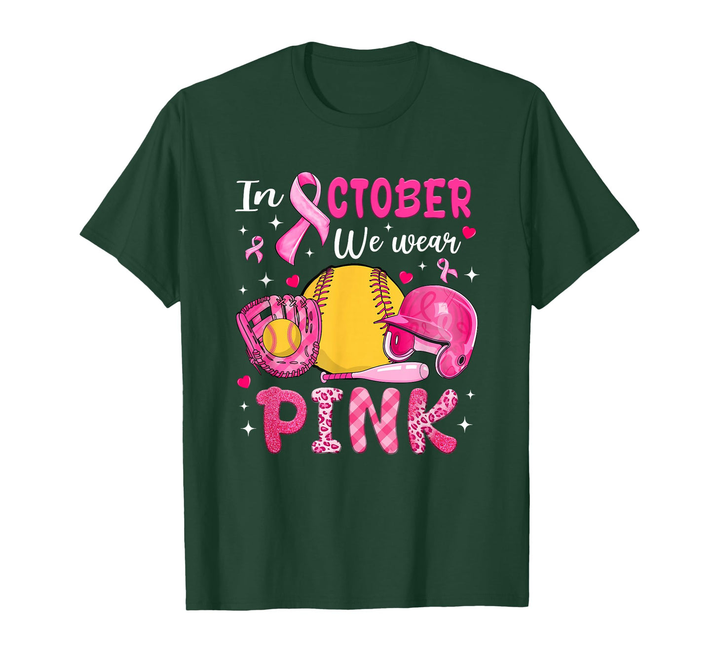 in October We Wear Pink Softball Breast Cancer Awareness T-Shirt