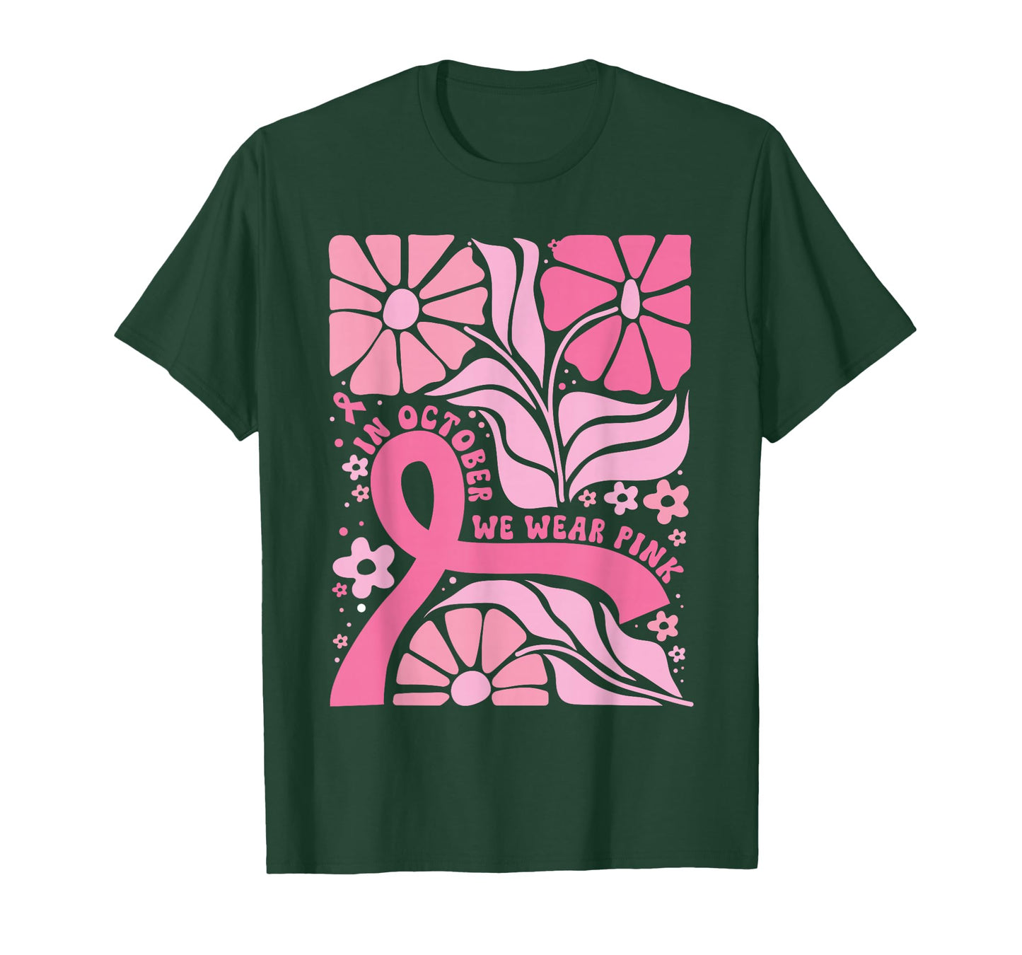 in October We Wear Pink Breast Cancer Awareness Boho Flowers T-Shirt