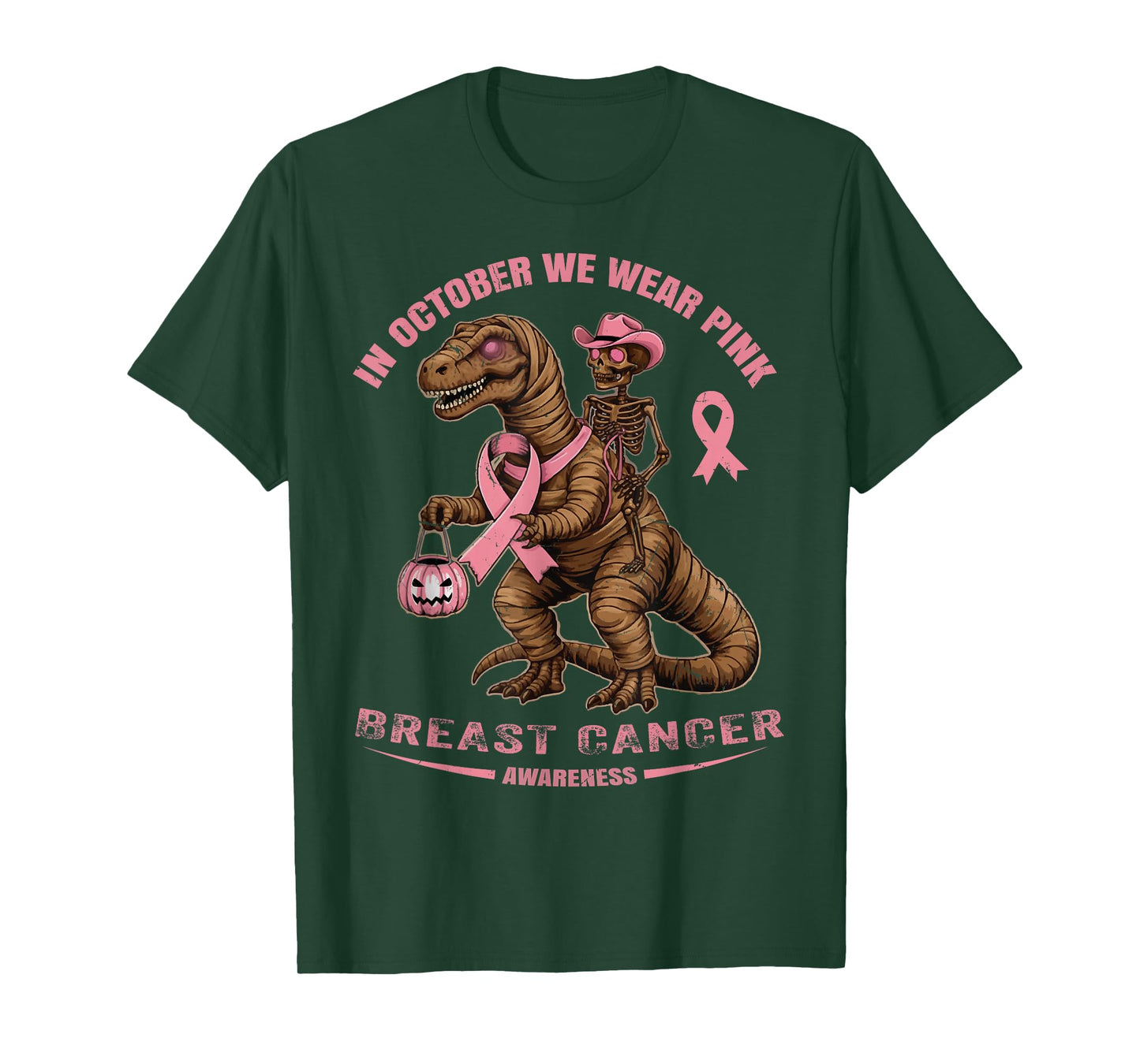 Breast Cancer Dinosaur and Cowboy Skeleton in Pink T-Shirt