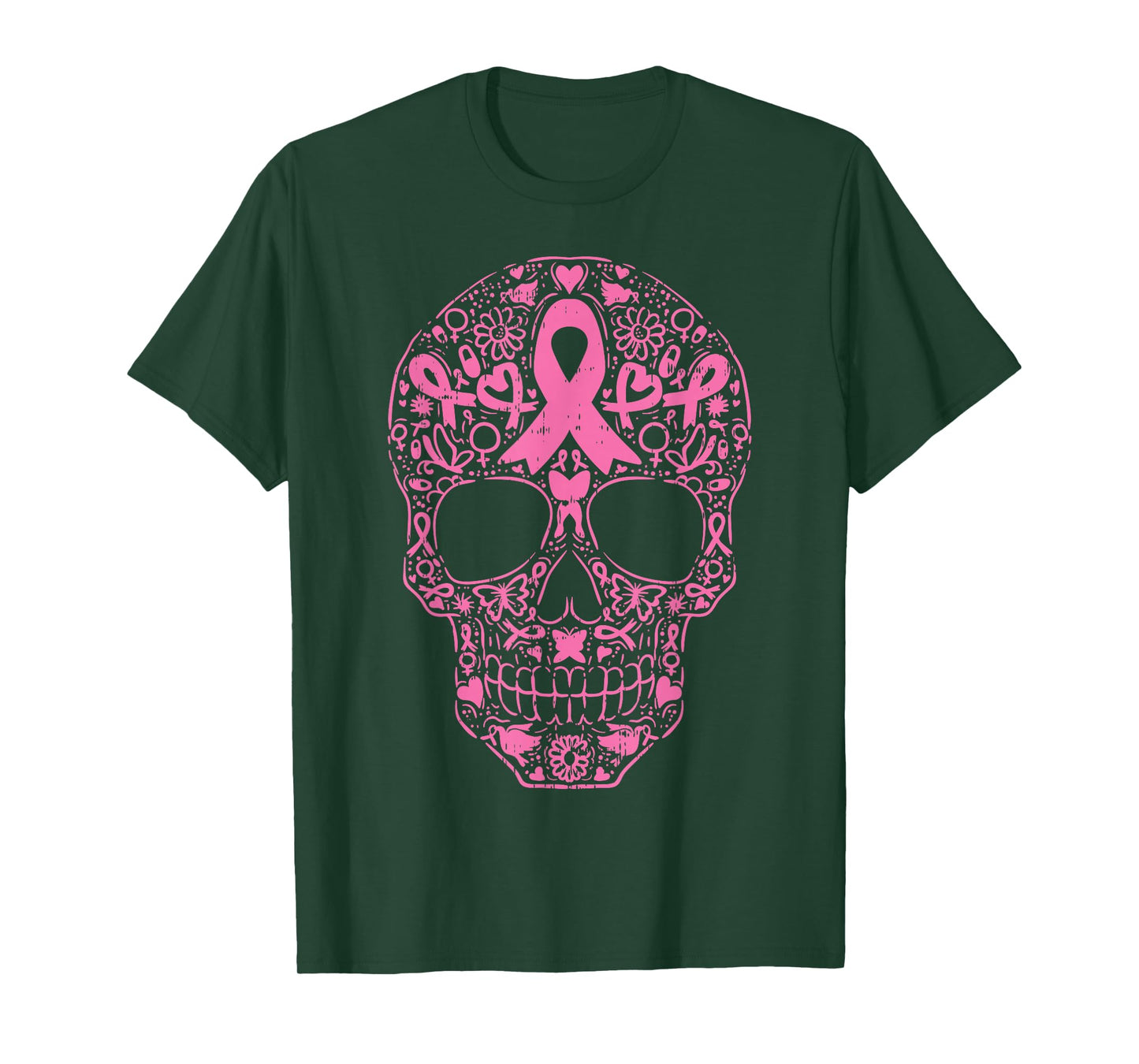 Sugar Skull Pink Ribbon Calavera Breast Cancer Awareness T-Shirt