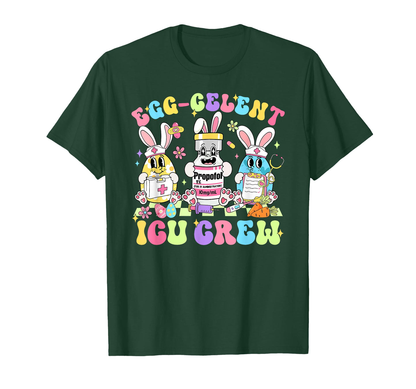 Egg-celent ICU Crew Nurse Retro Groovy Bunny Easter Day T-Shirt