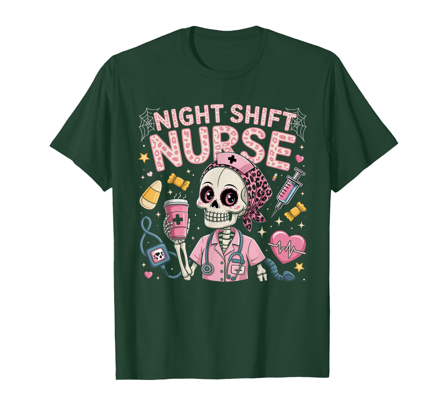 RN ICU Night Shift Nurse Skeleton Halloween Costumes Womens T-Shirt
