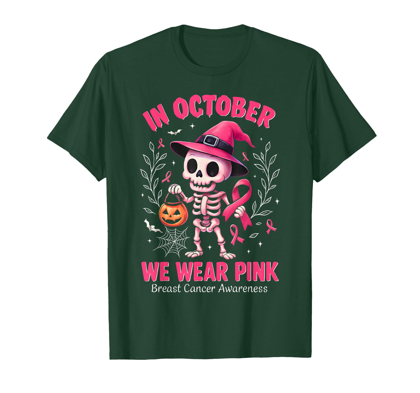 in October We Wear Pink Skeleton Breast Cancer Awareness T-Shirt