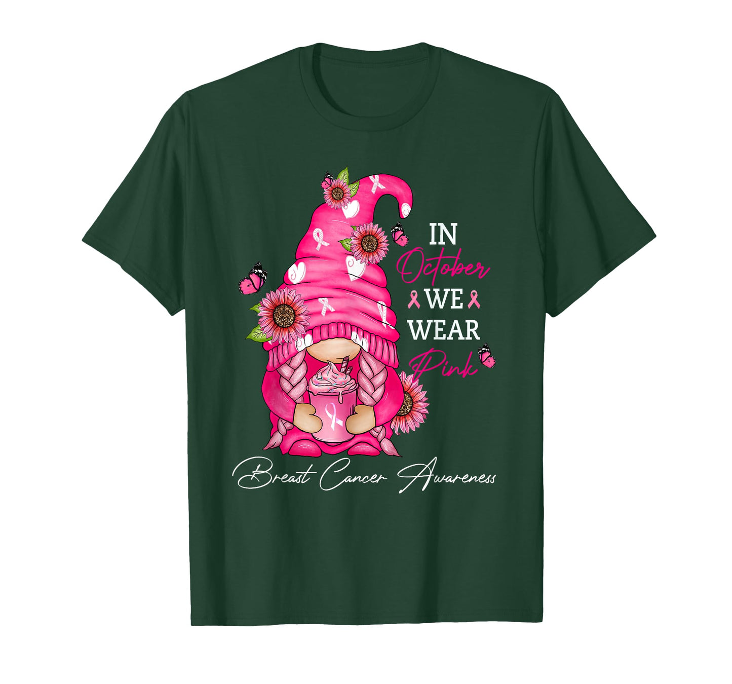 In October We Wear Pink Ribbon Breast Cancer Funny Gnome T-Shirt