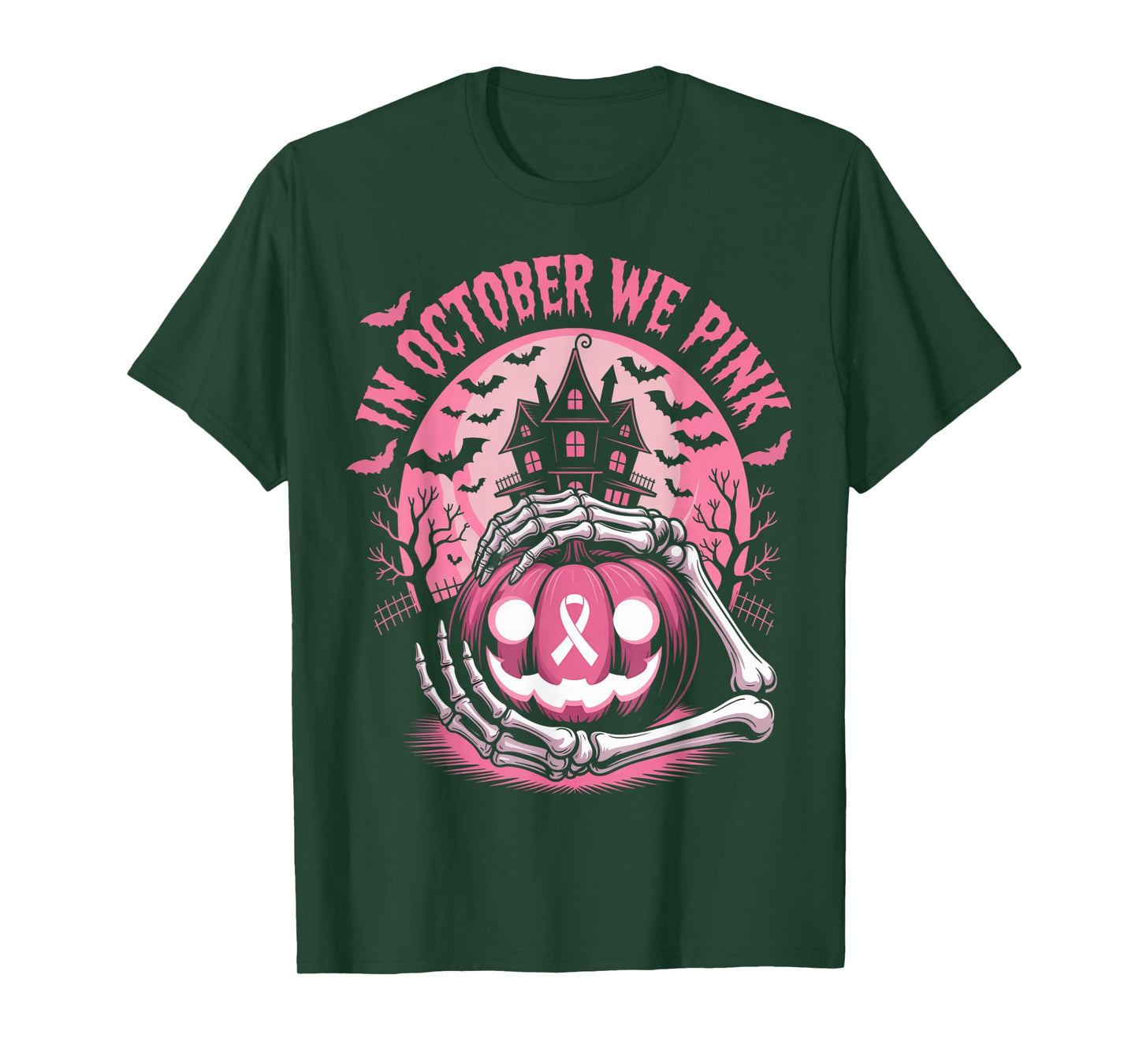 in October We Wear Pink Halloween Pumpkin Skeleton Design T-Shirt