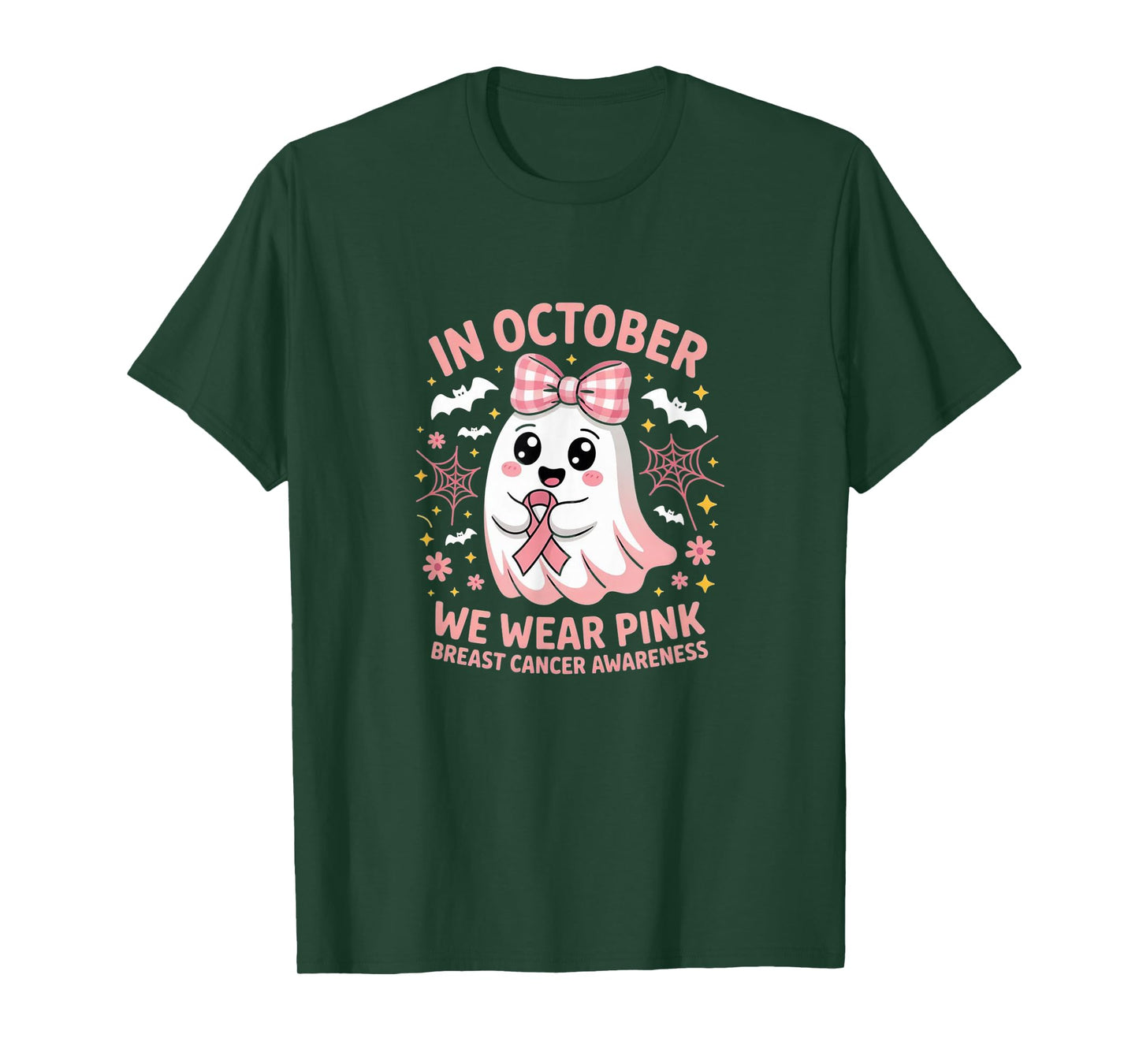 in October We Wear Pink - Witch & Ghost Halloween Cancer T-Shirt