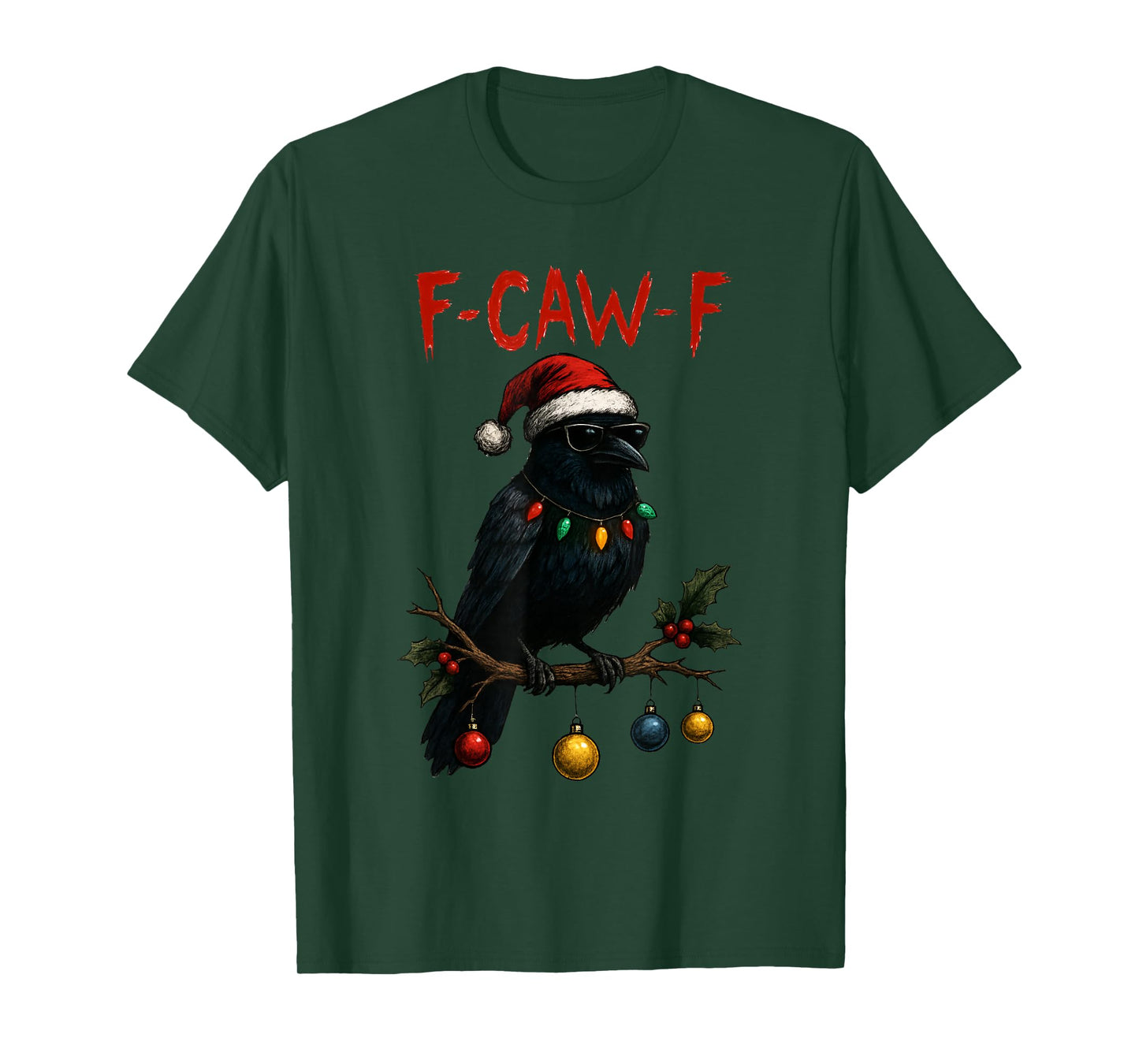 Black Crow F-Caw-F Funny Retro Christmas Lights Santa Hat T-Shirt