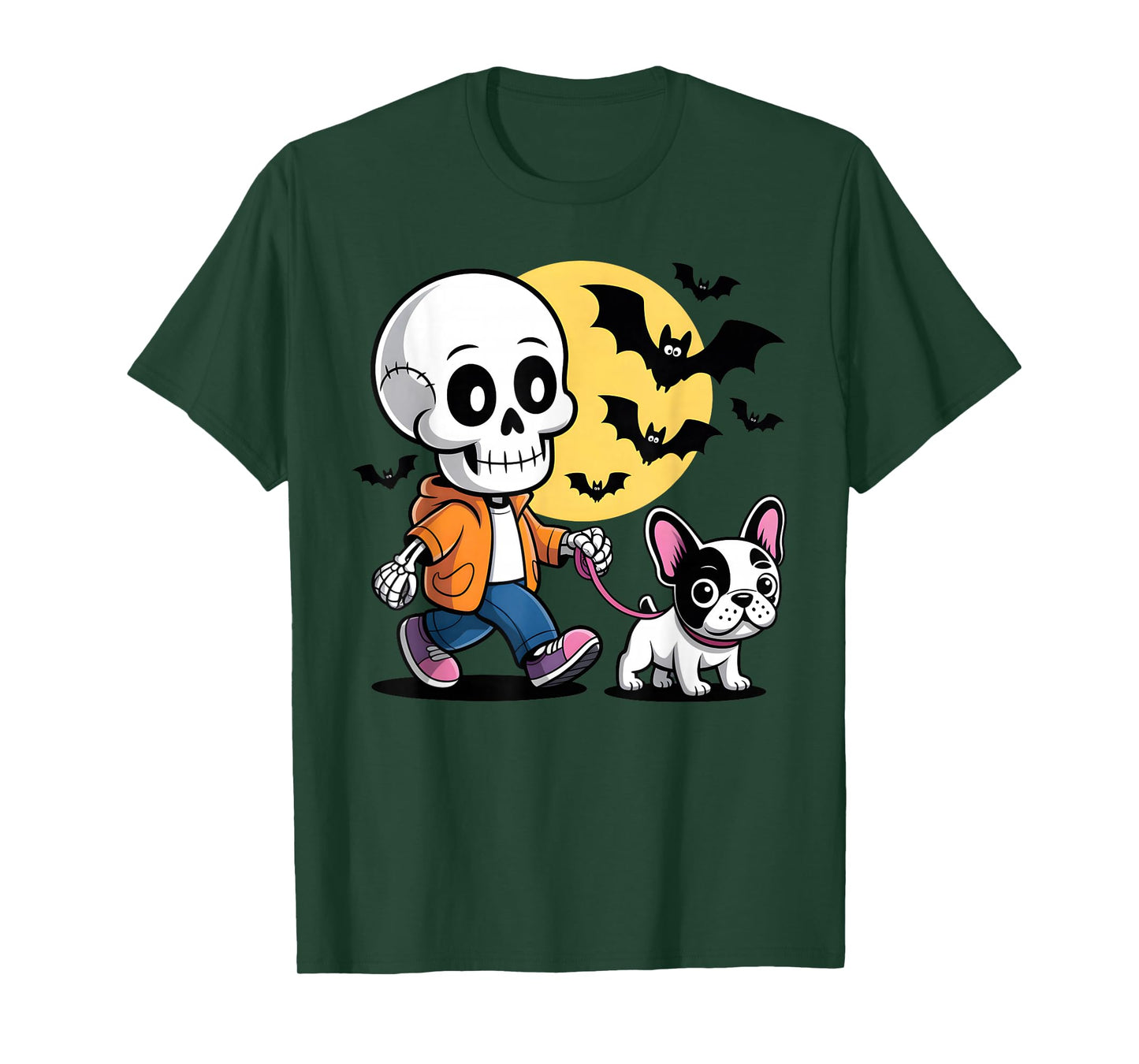 Funny Skeleton Walking Cute French Bulldog Halloween Night T-Shirt